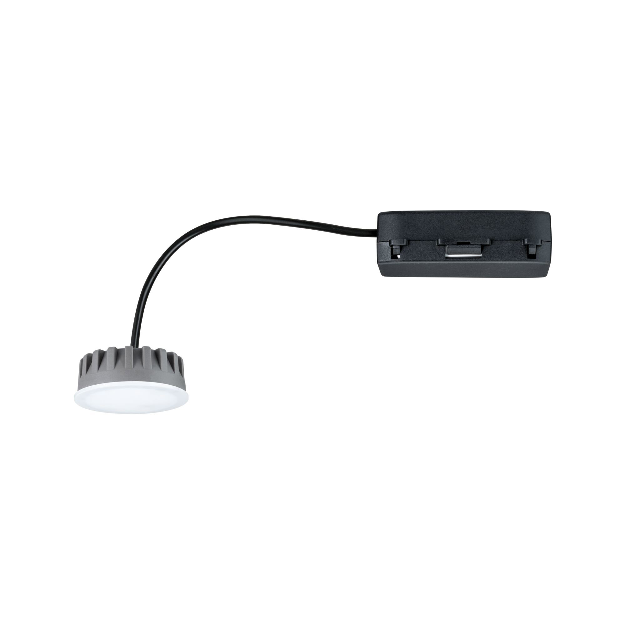 Luce LED grigia con cavo nero e scatola nera.