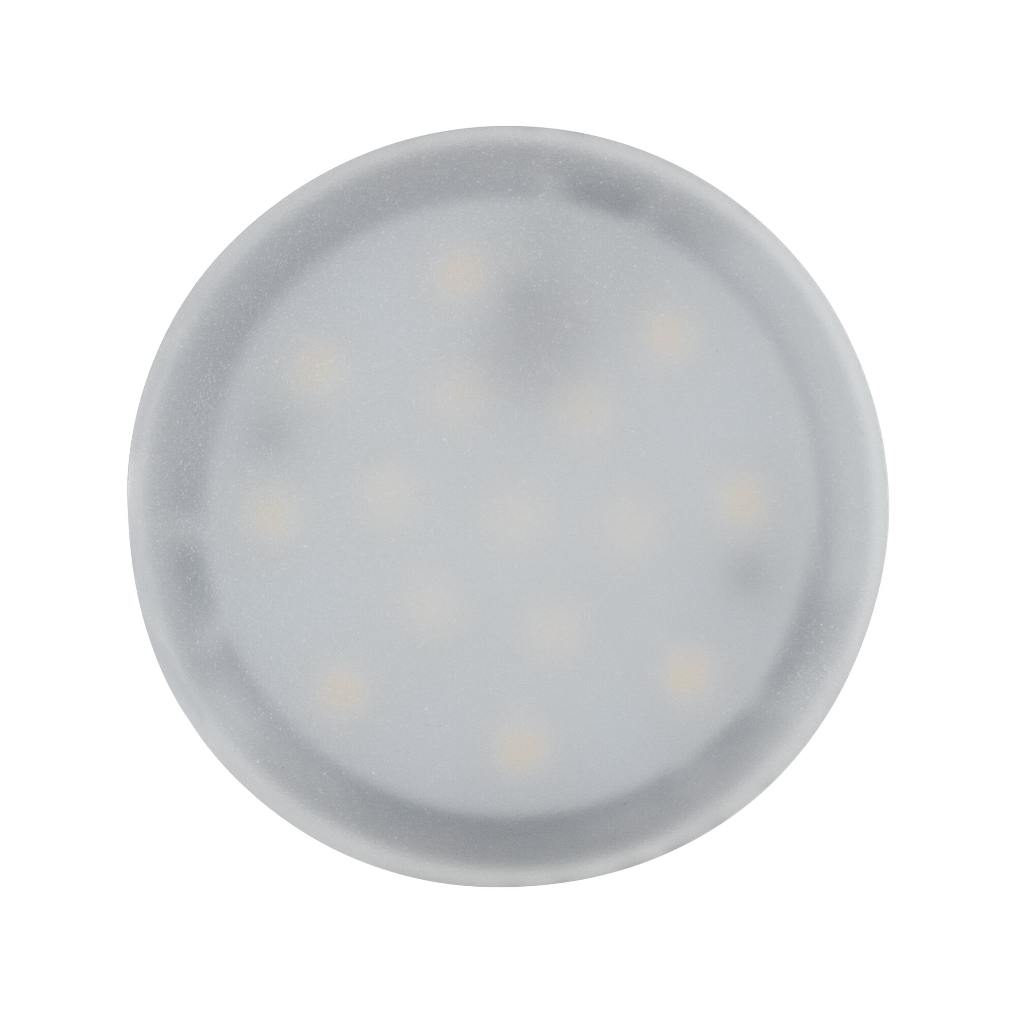 Una luce LED rotonda e piatta con diffusore bianco e luci visibili.