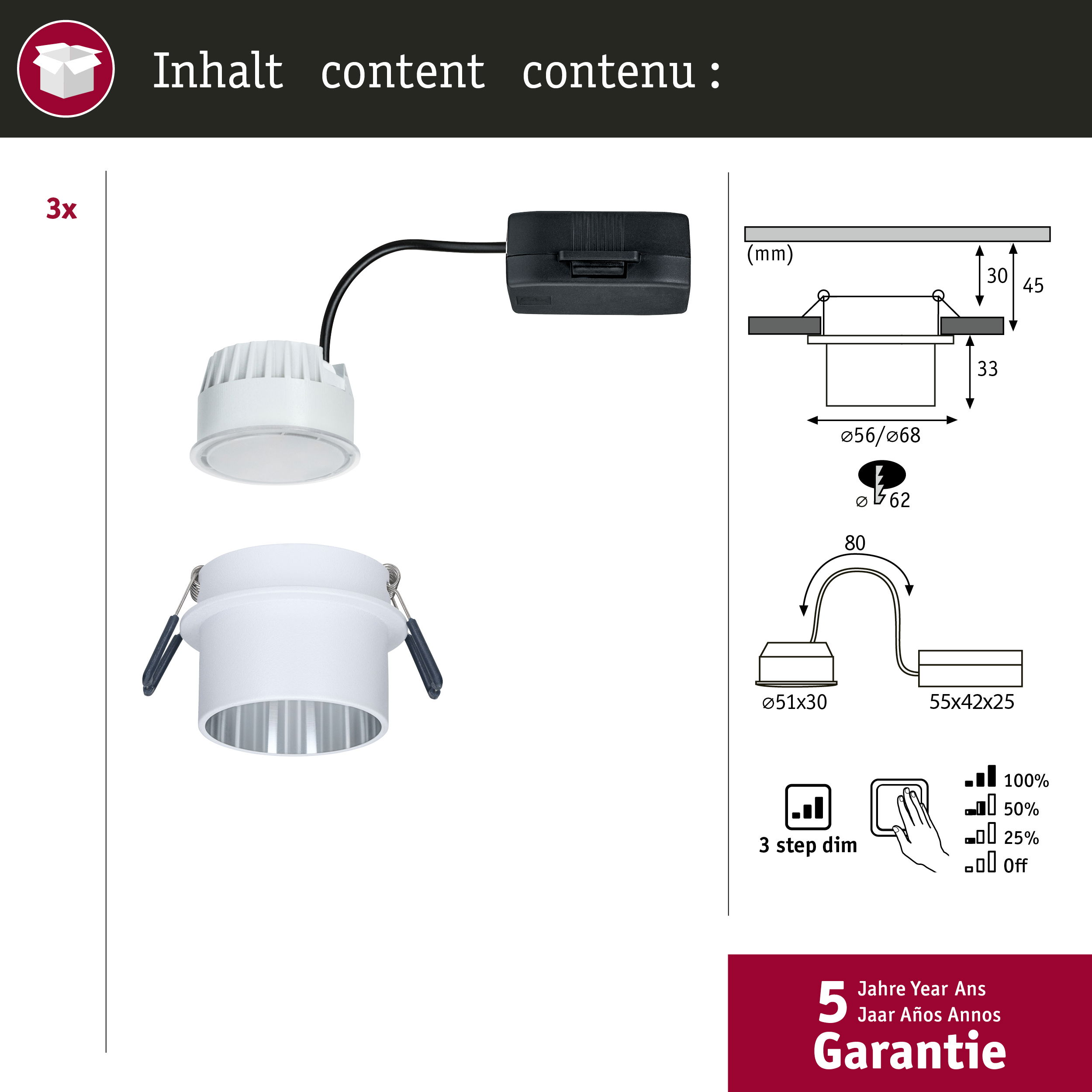 Tre faretti da incasso bianchi con dimensioni tecniche e garanzia.