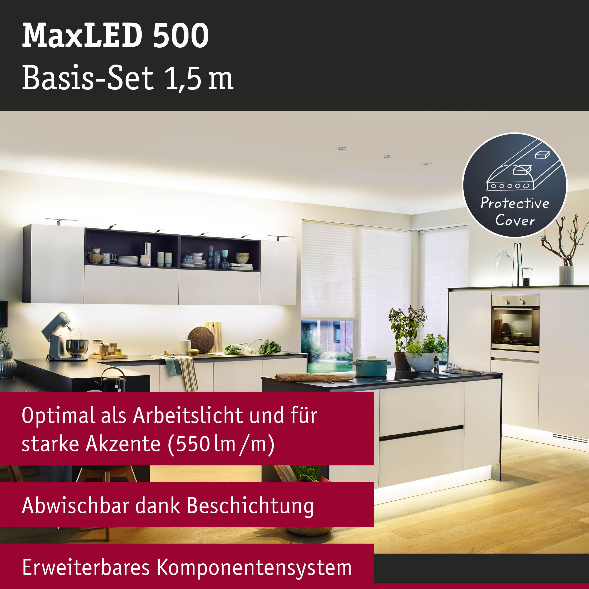 Moderne Küche mit LED-Beleuchtung, Mixer, Ofen und Pflanzen. Schutzabdeckung.