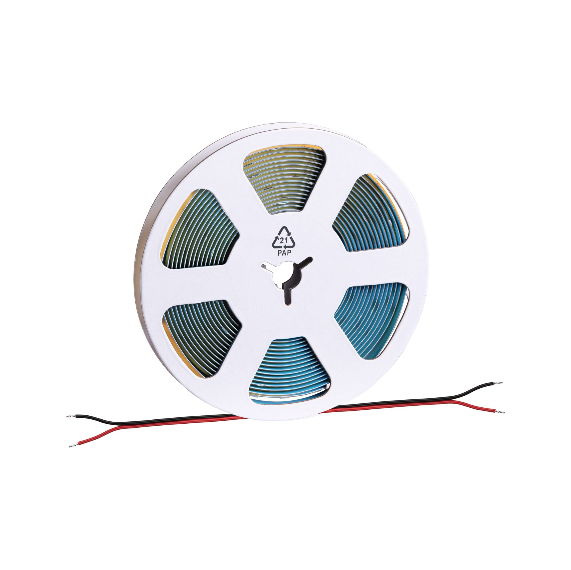 Szpula niebieskiej taśmy LED z czarnym i czerwonymi przewodami.