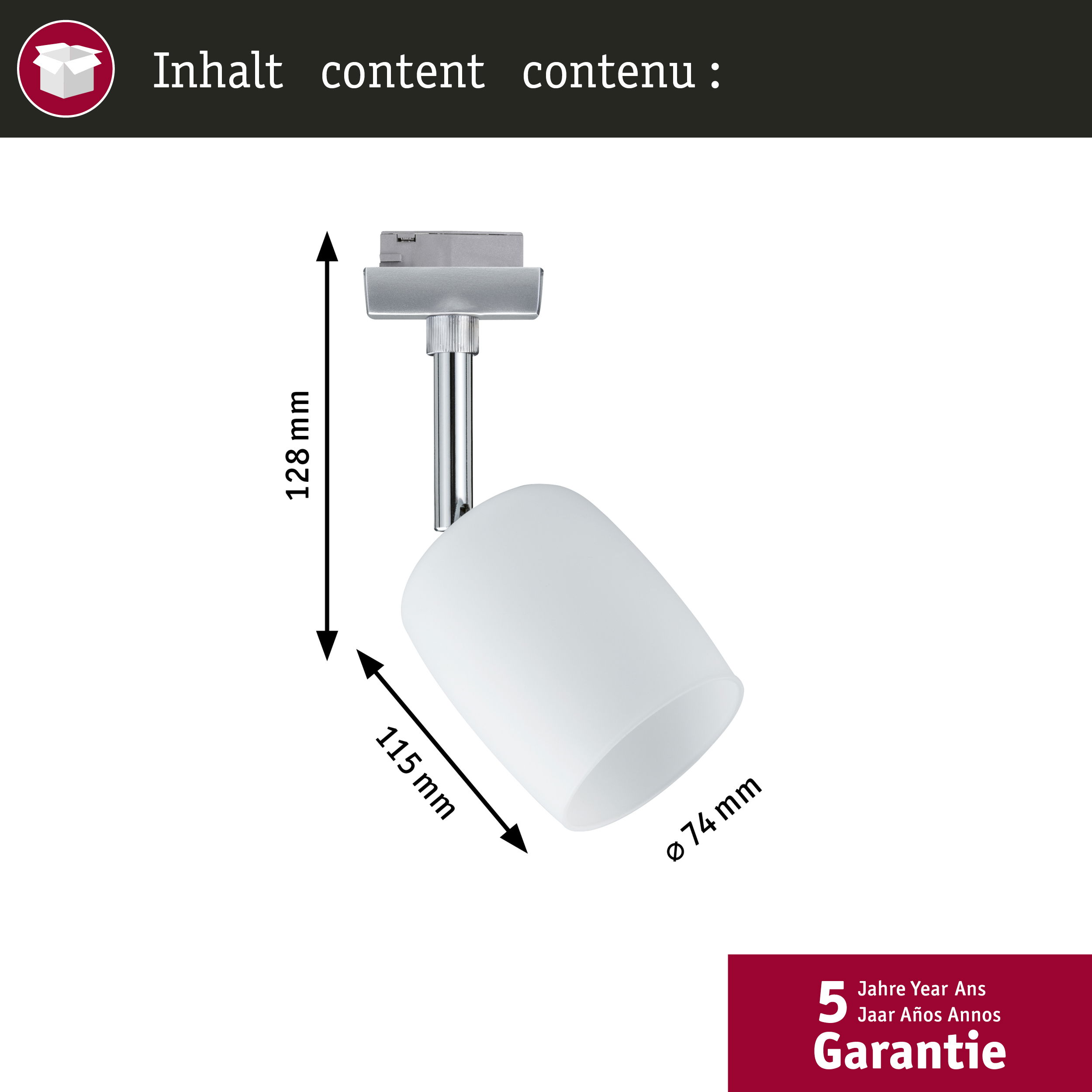 Weiße Lampe mit Maßen: 128mm Höhe, 115mm Breite, 74mm Durchmesser.