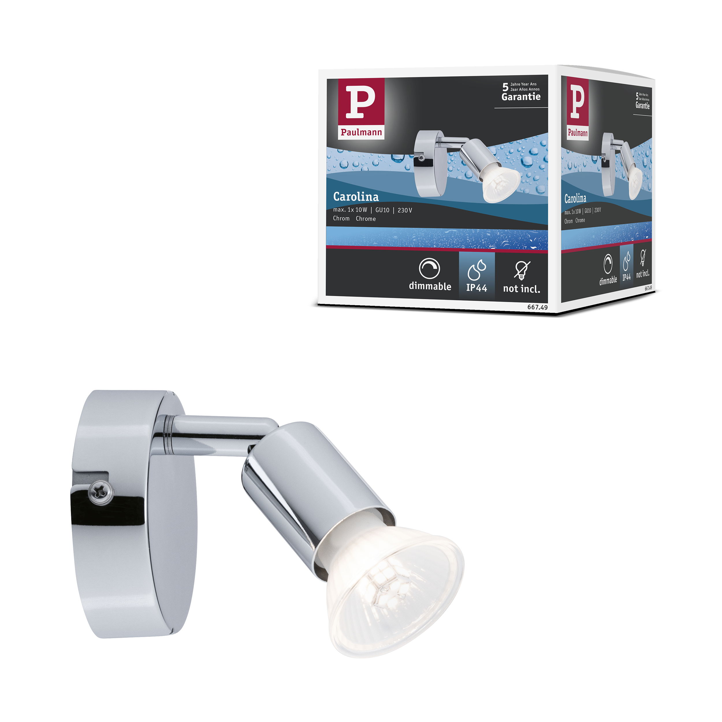 Obrotowy chromowany spot z gniazdem GU10 i żarówką halogenową.