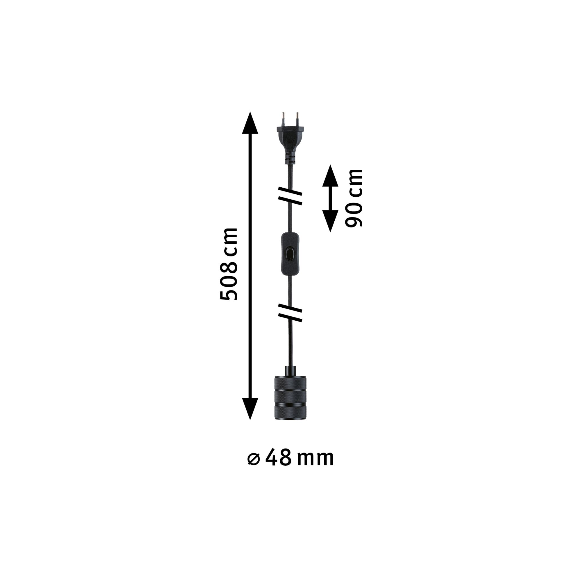 Schwarzes Kabel mit Stecker, Schalter und Lampenfassung. Maße 508cm, 90cm, 48mm.