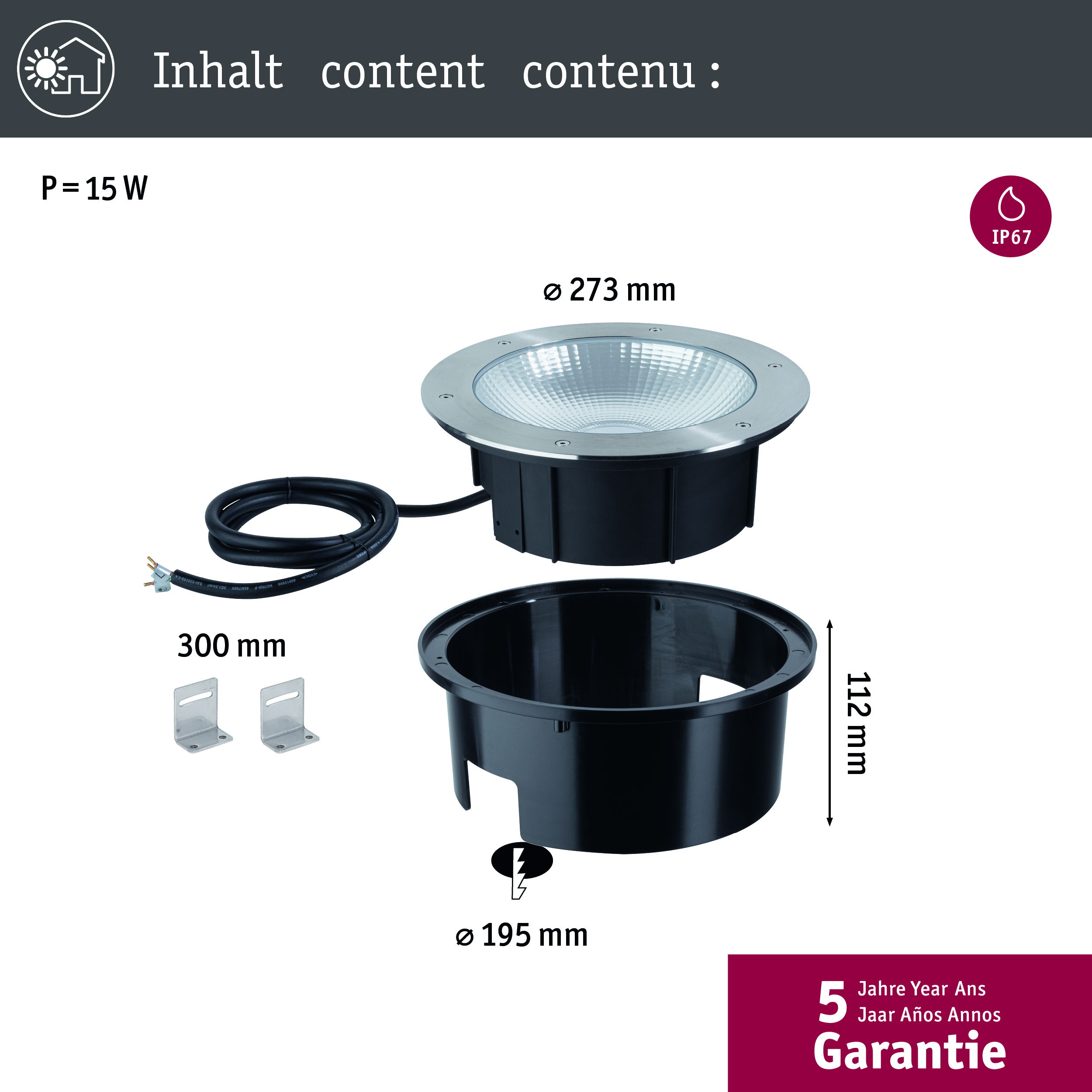 Reflektor podłogowy 15W z akcesoriami montażowymi i stopniem ochrony IP67.