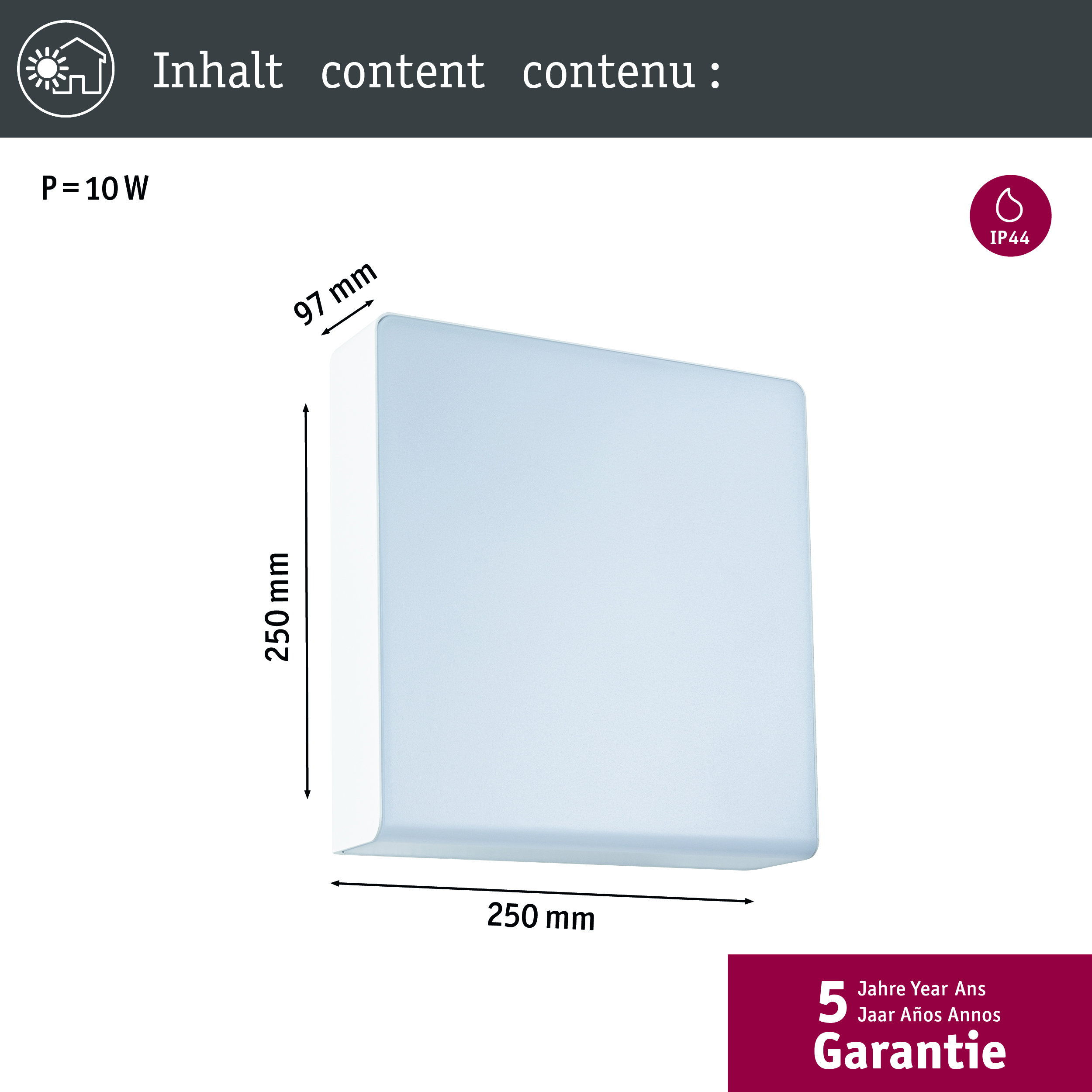 Prostokątna, biała oprawa oświetleniowa 250x250x97mm z klasą IP44.