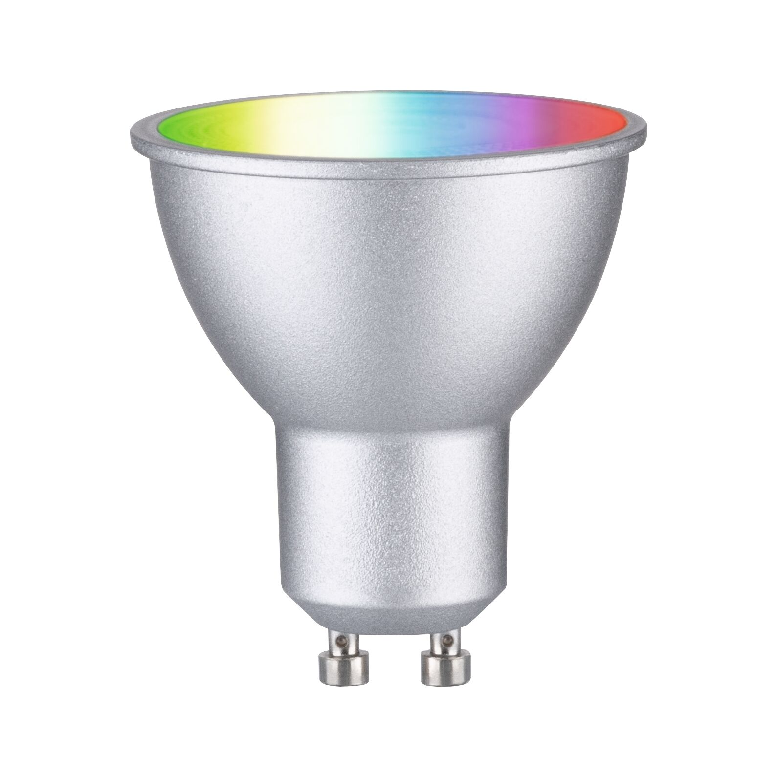 Silberne LED-Lampe mit Farbverlauf von Grün bis Violett oben.