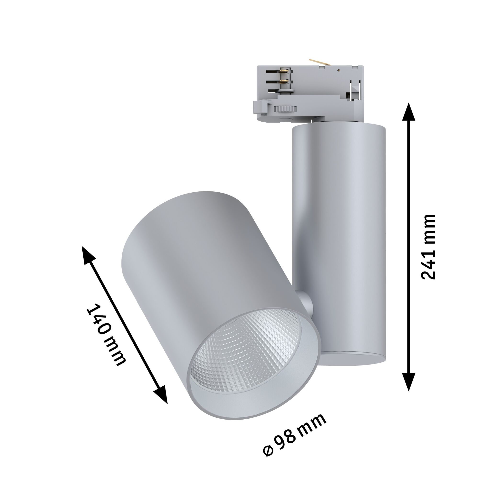 Grauer Schienenstrahler mit Maßen: L 140 mm, H 241 mm, Ø 98 mm.
