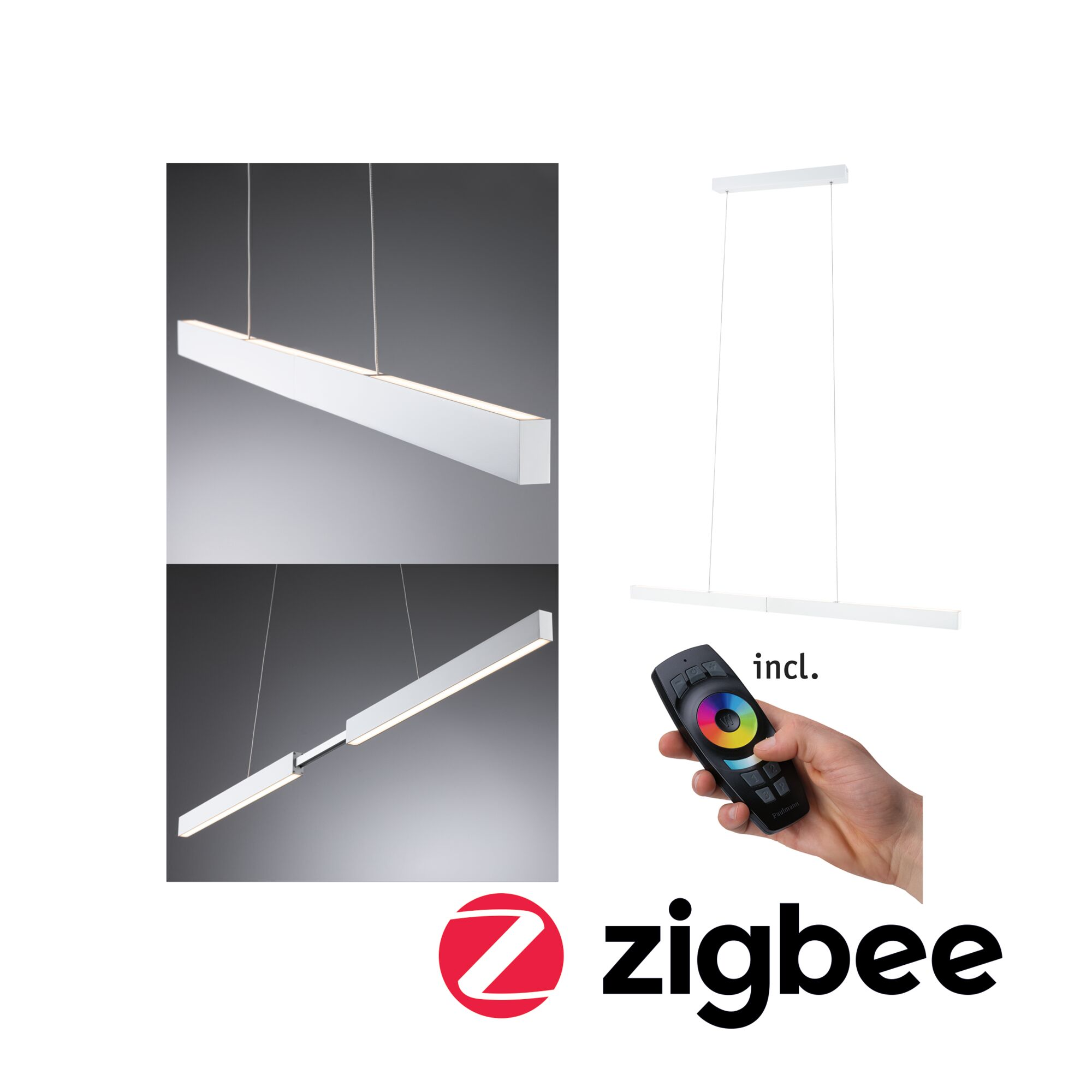Biała lampa wisząca z pilotem, zawiera logo Zigbee.