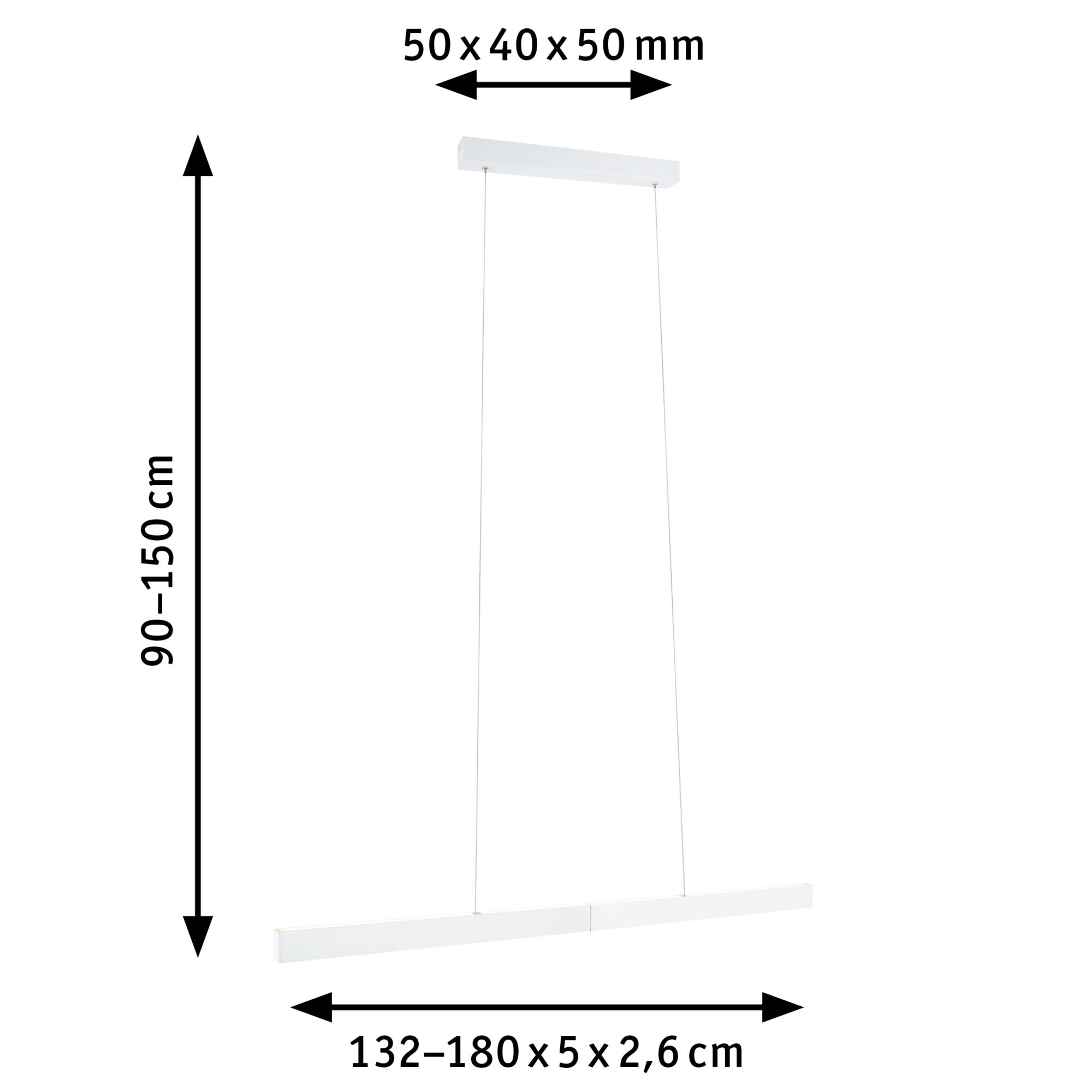 Biała lampa wisząca o wymiarach 50x40x50mm i regulowanej wysokości 90-150cm.