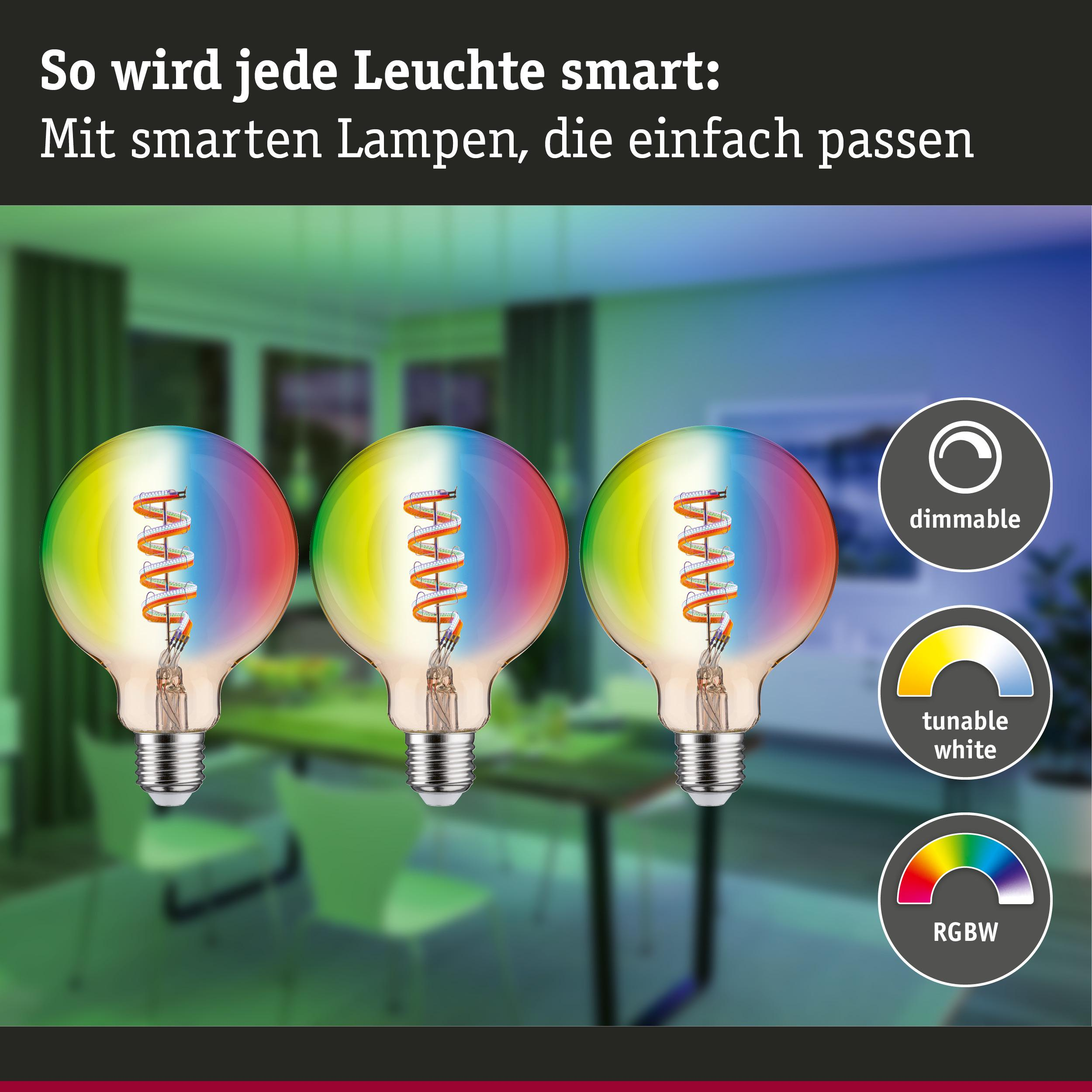 Drei smarte Glühbirnen mit Farbverlauf und Symbolen für dimmbar, tunable white und RGBW.