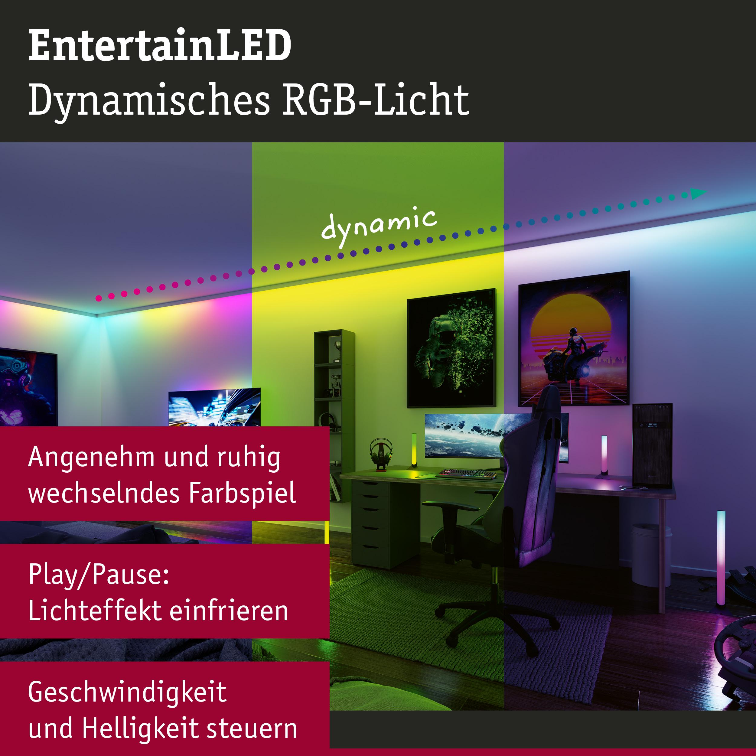 Pokój z efektami świetlnymi RGB, biurkiem, komputerami i obrazami.