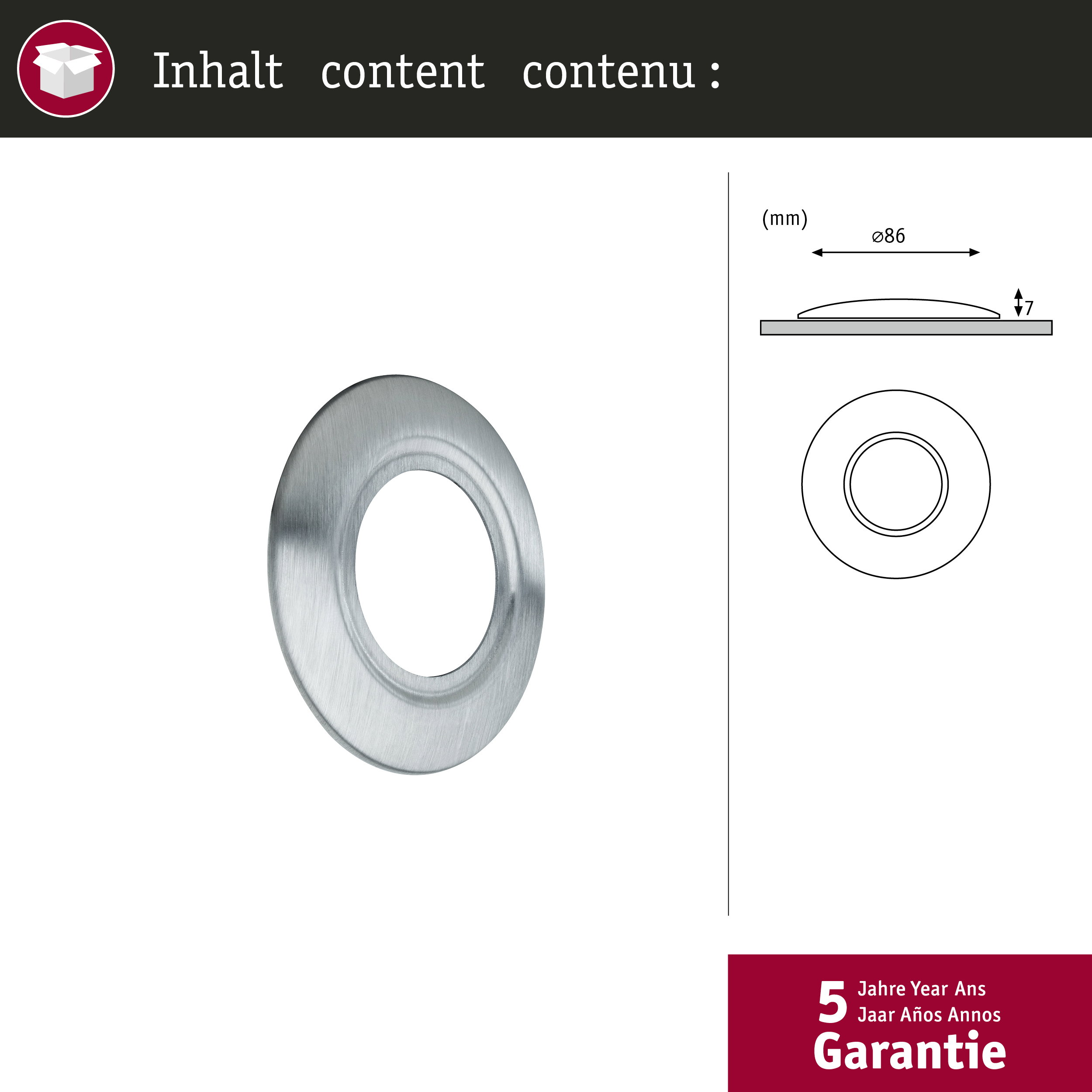 Ein silberner Ring mit technischen Maßen und 5 Jahren Garantie.