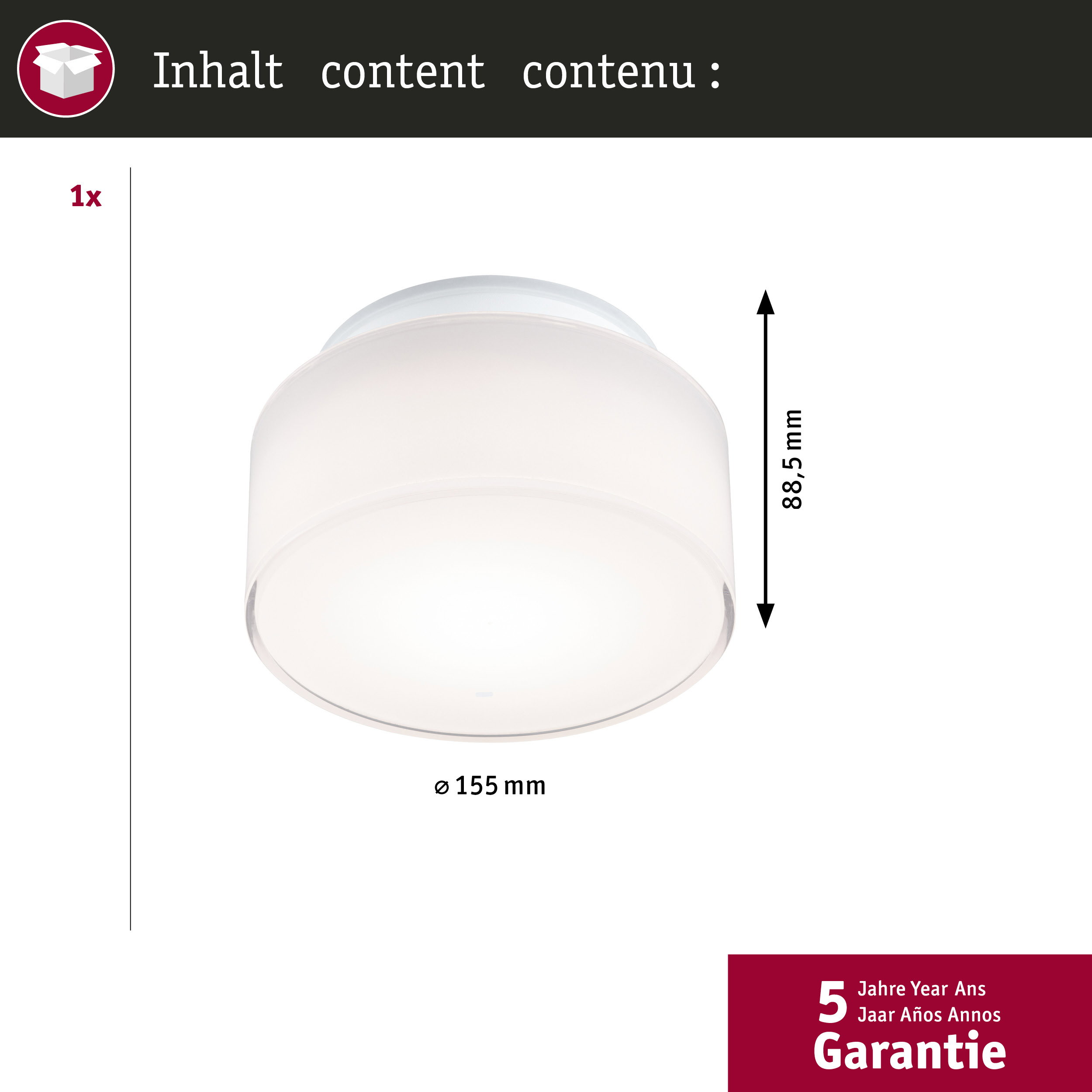 Weiße Deckenleuchte, Ø 155 mm, Höhe 88,5 mm. Enthält 5 Jahre Garantie.