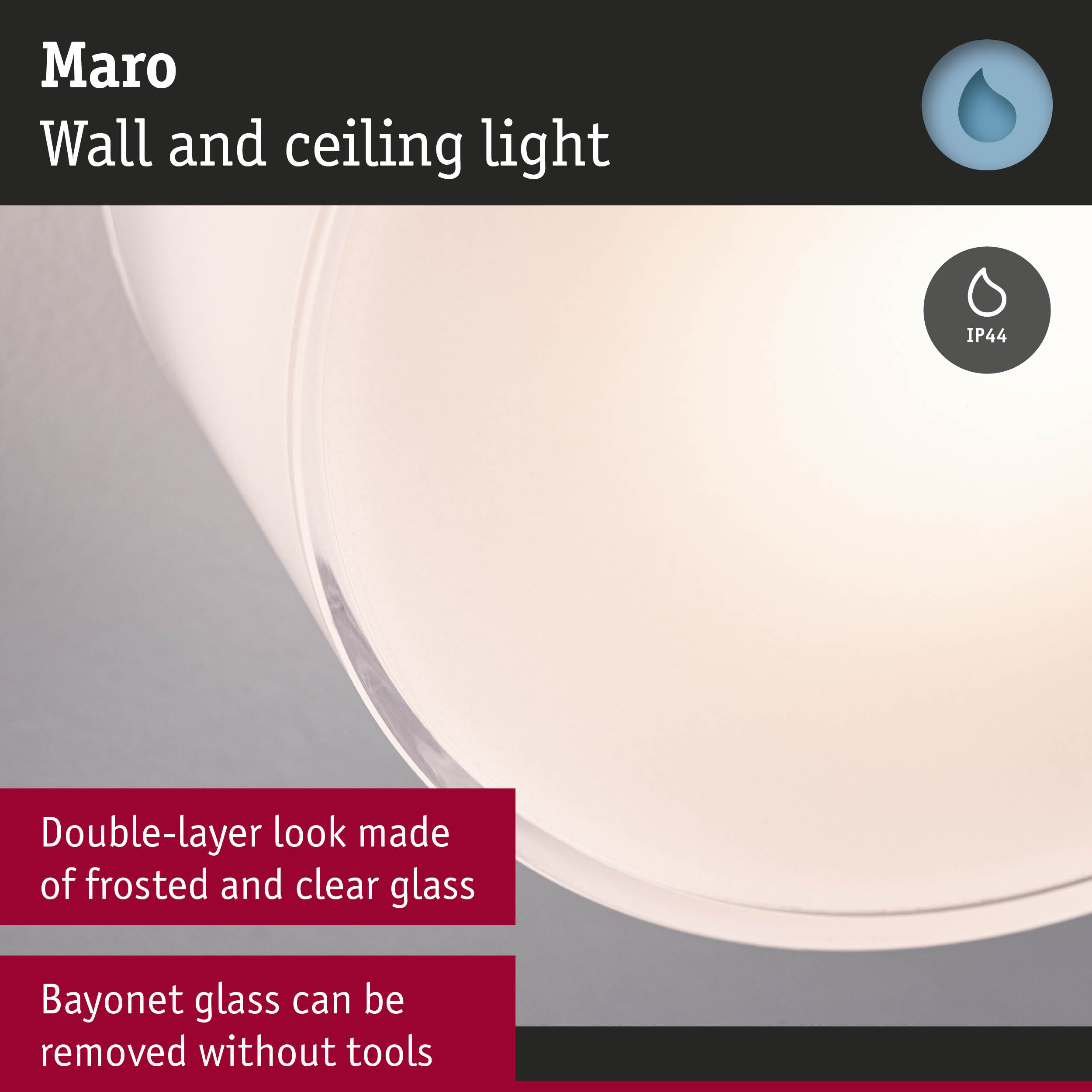Maro Wand- und Deckenleuchte mit doppeltem Glas, IP44.