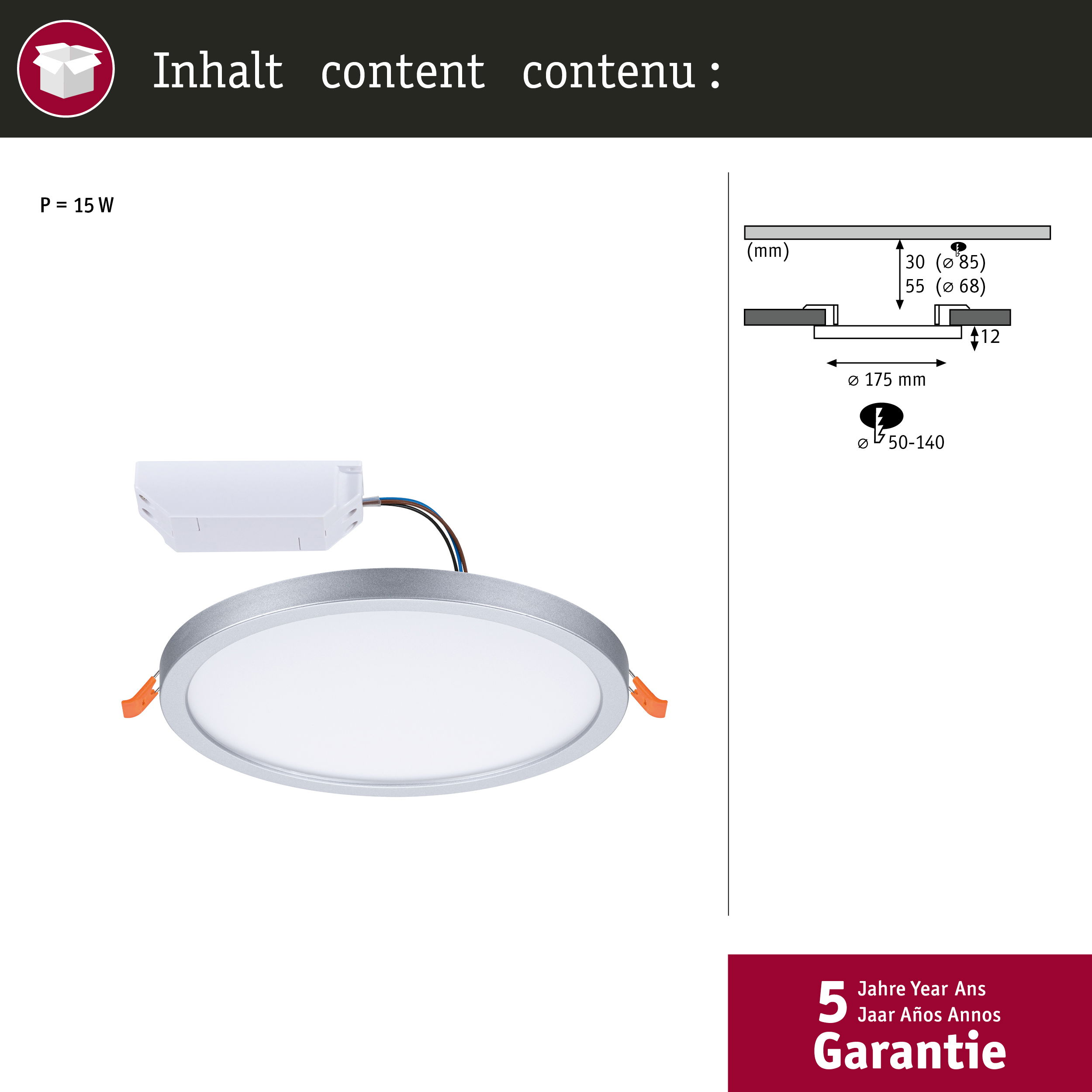 Eine runde silberne Lampe mit einem weißen Treiber und technischen Maßen.