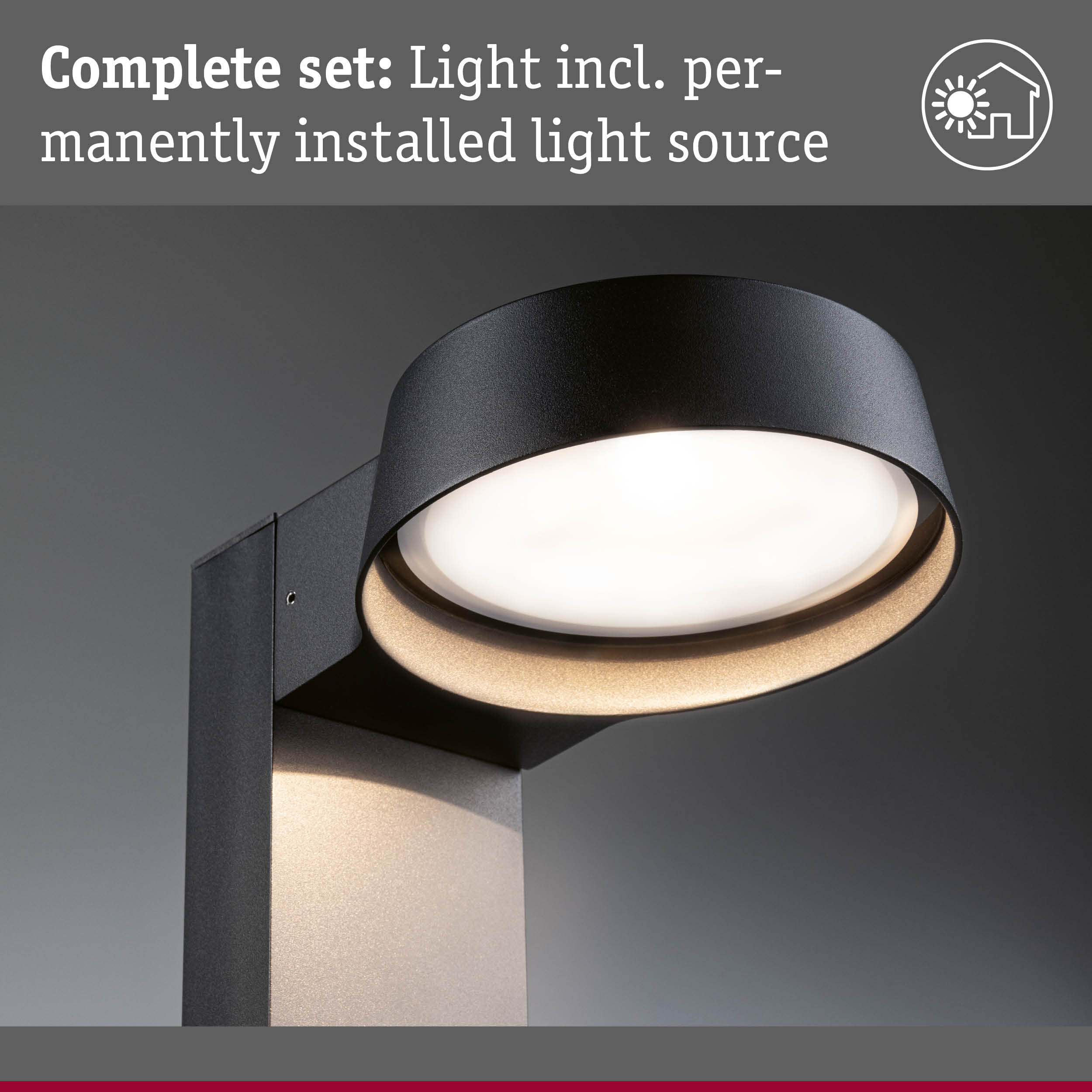 Czarny, nowoczesny kinkiet zewnętrzny z okrągłym, podświetlanym kloszem.