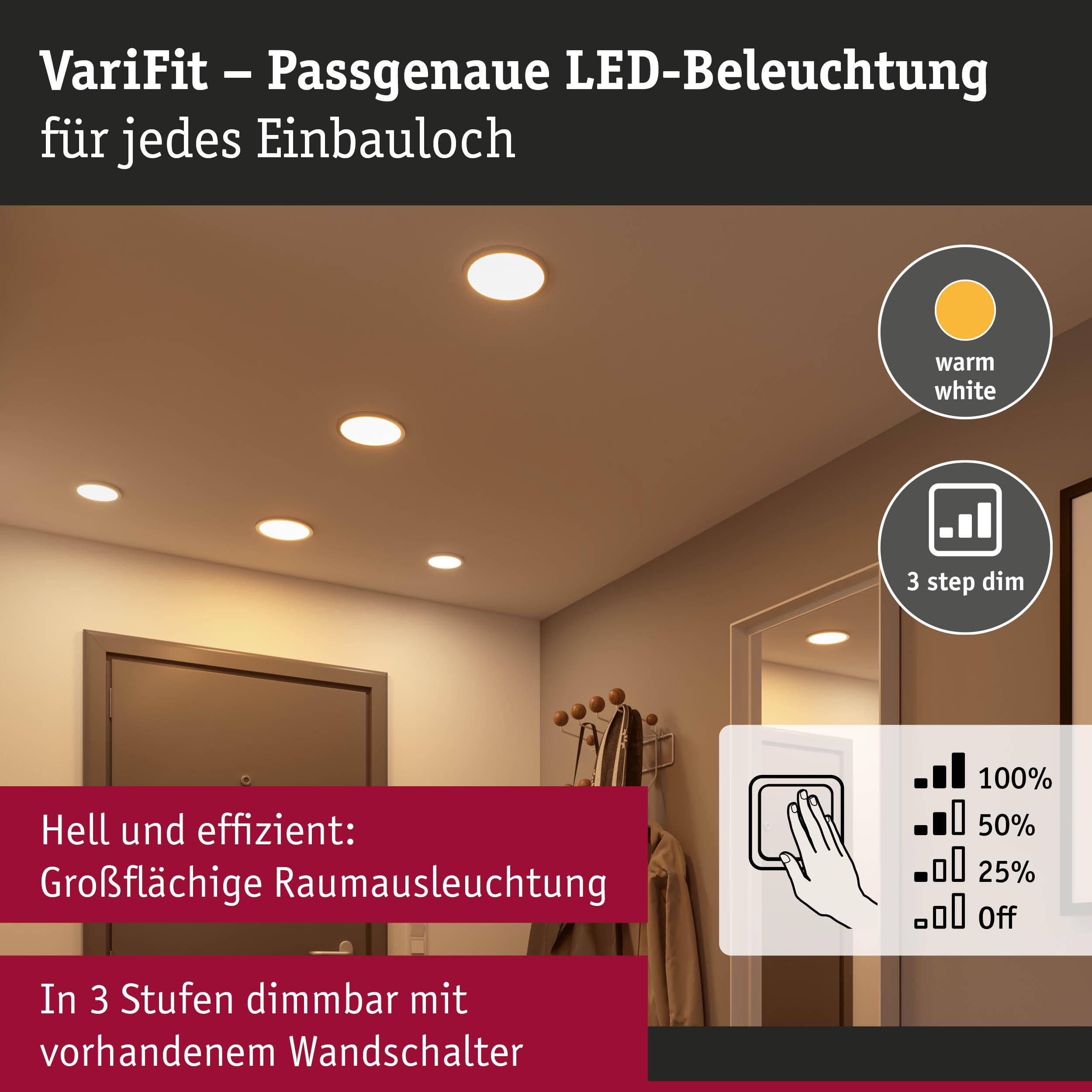 Ein Flur mit Einbaustrahlern, warmweißem Licht und Dimmfunktion.