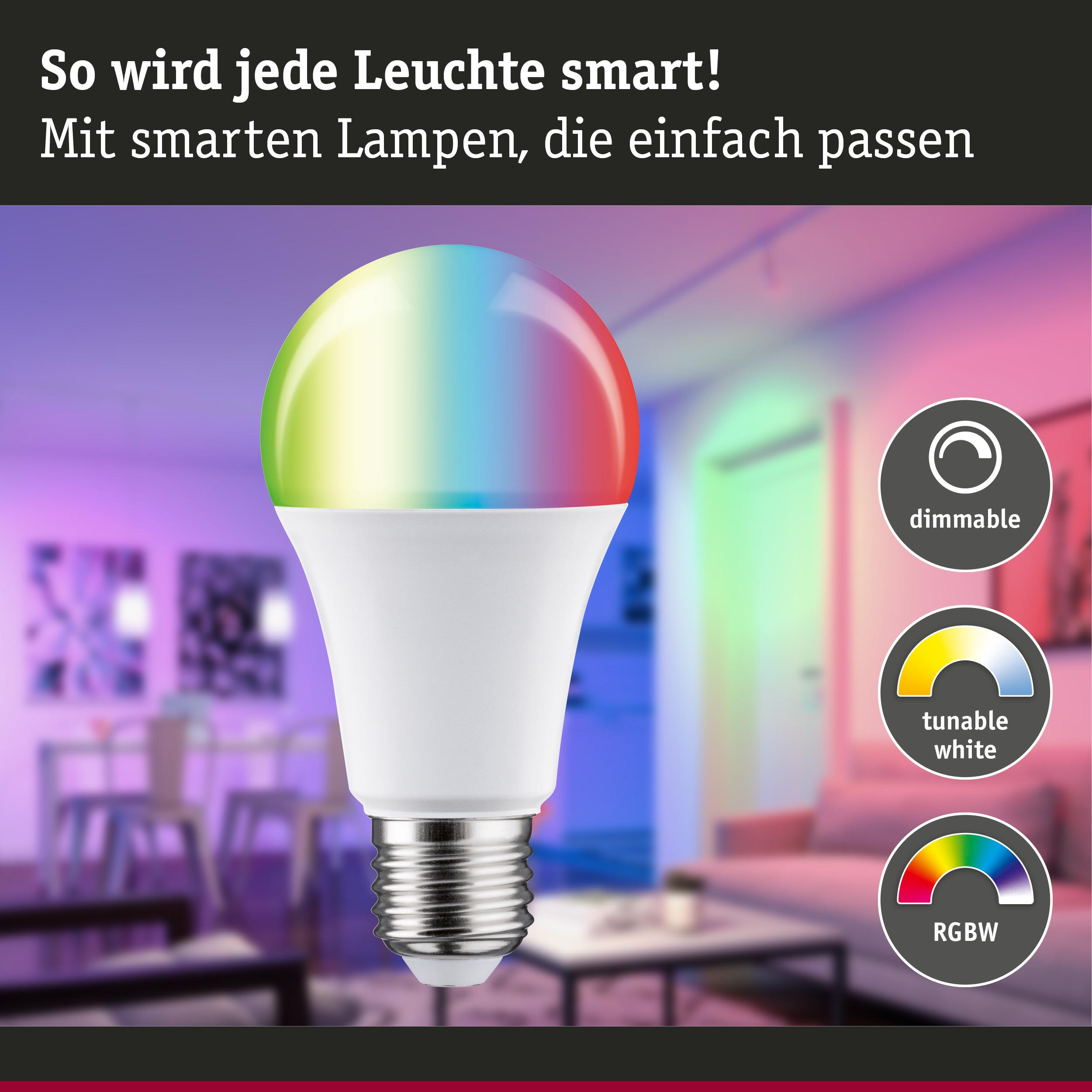 Eine smarte LED-Lampe mit Farbverlauf und Symbolen für dimmbar, weiß und RGBW.