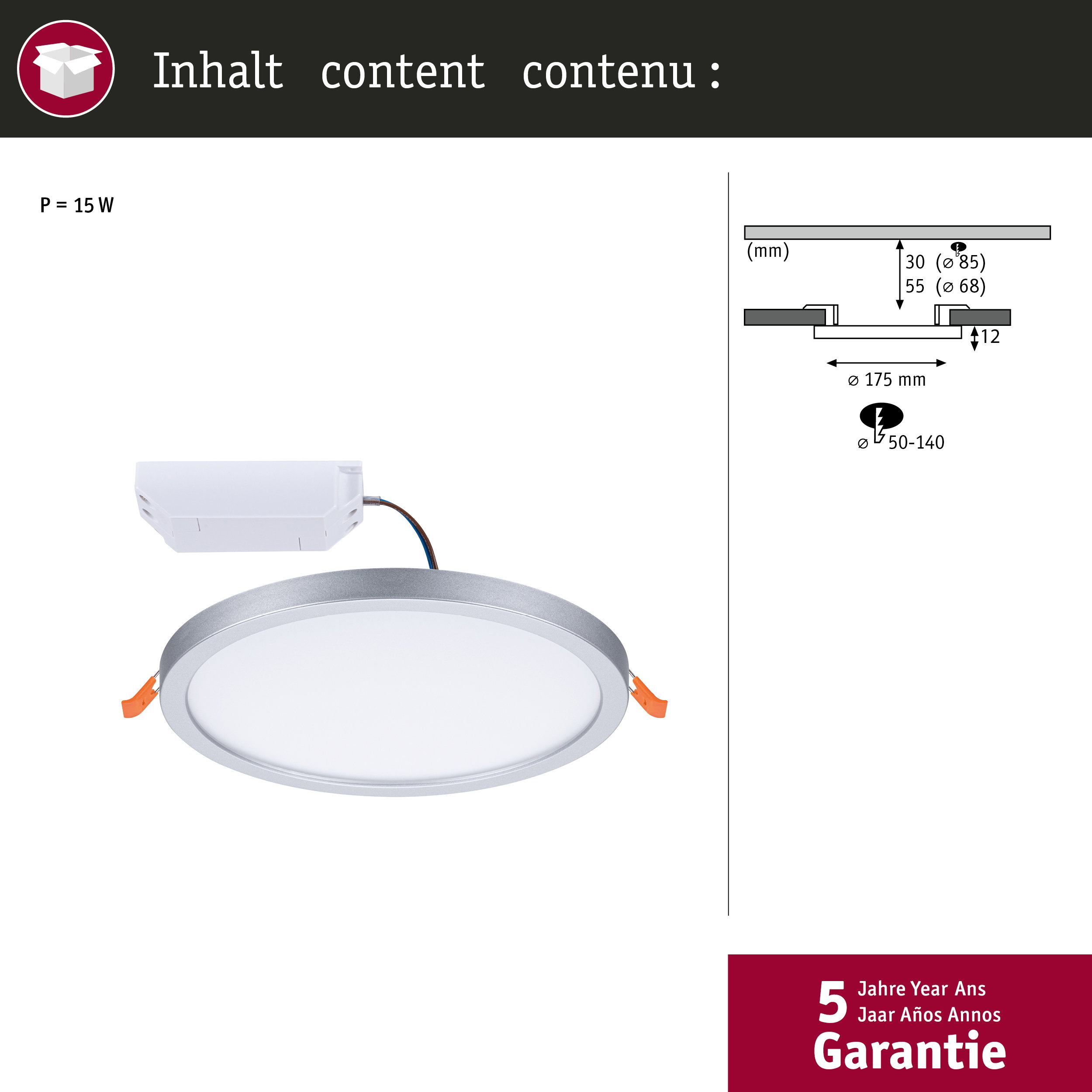 Flacher silberner LED-Einbaustrahler mit weißem Netzteil und technischen Maßen.