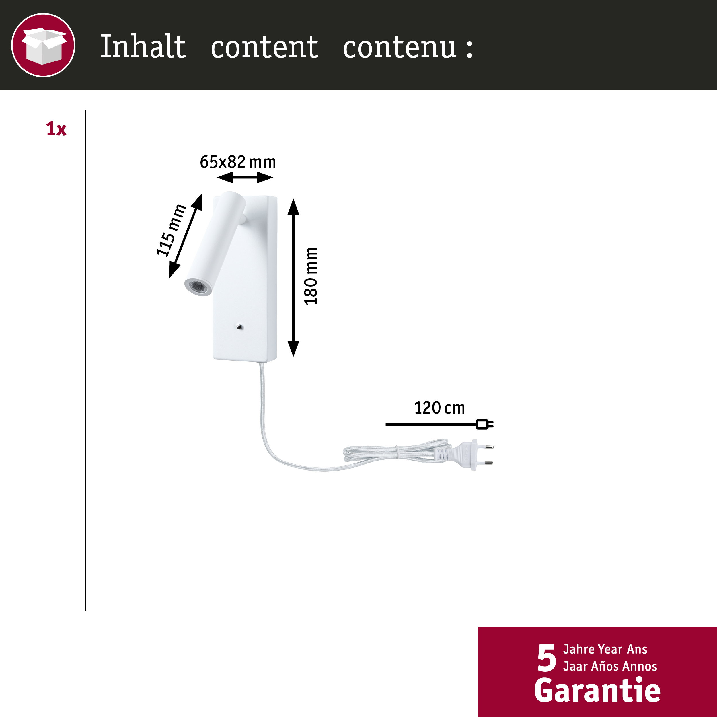 Biała lampa ścienna z kablem i wtyczką, podane wymiary.