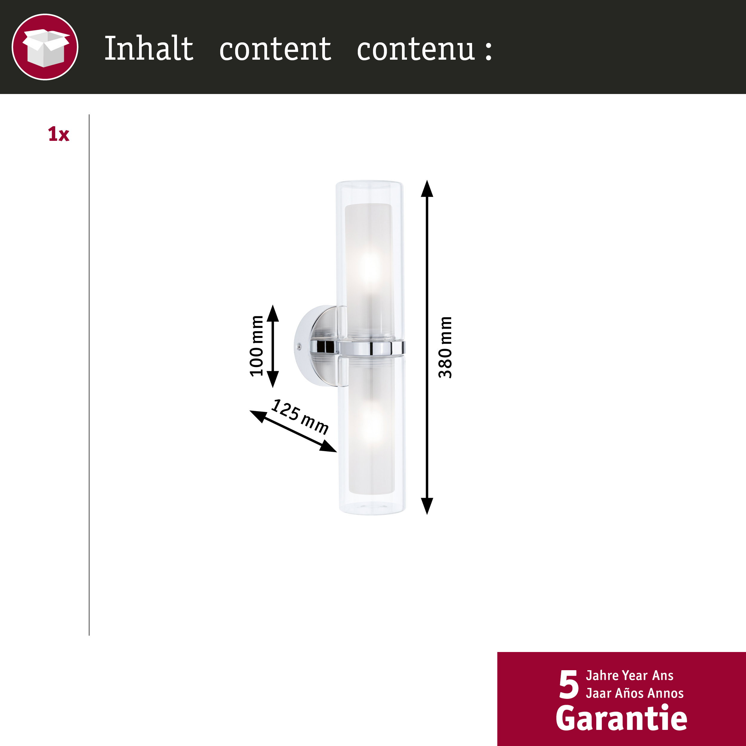 Nowoczesna lampa ścienna z dwoma szklanymi cylindrami i chromowanymi detalami.