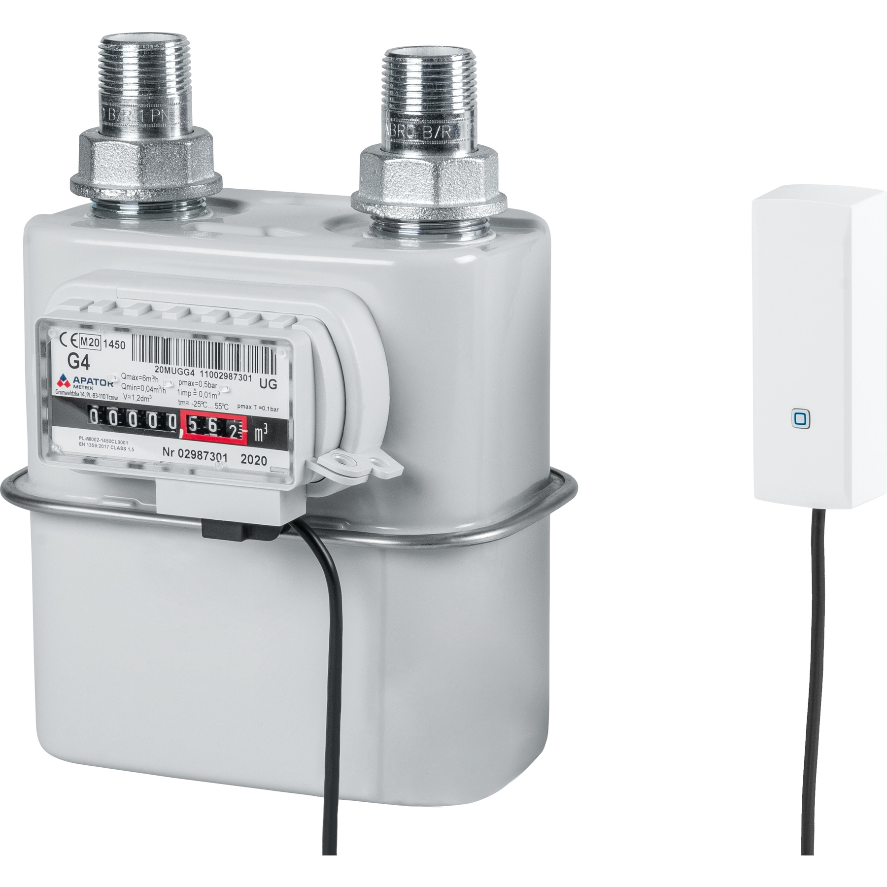 Contatore del gas grigio con connettori argentati e un dispositivo accessorio bianco accanto.