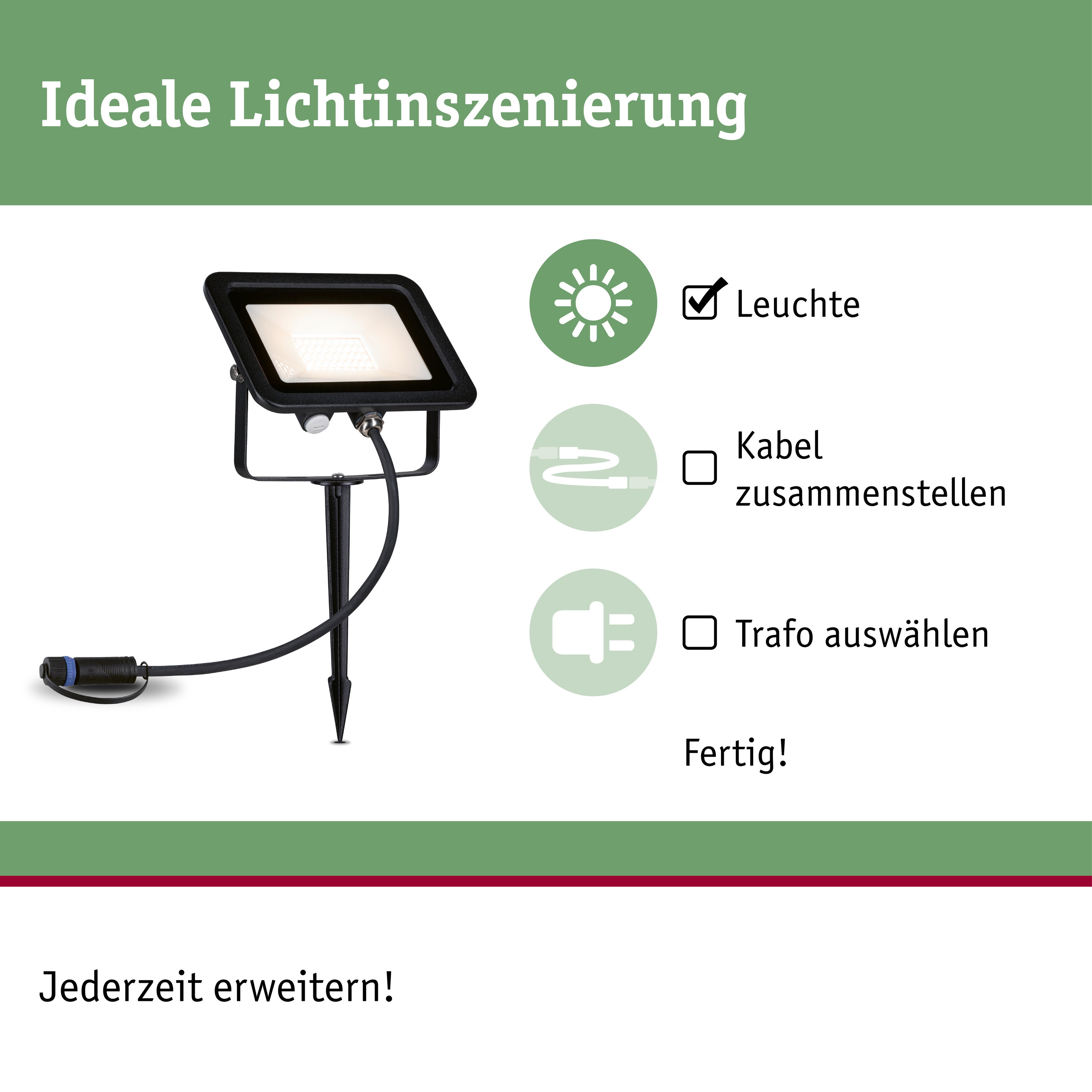 Czarny reflektor LED z bolcem i kablem. Lista kontrolna oświetlenia.