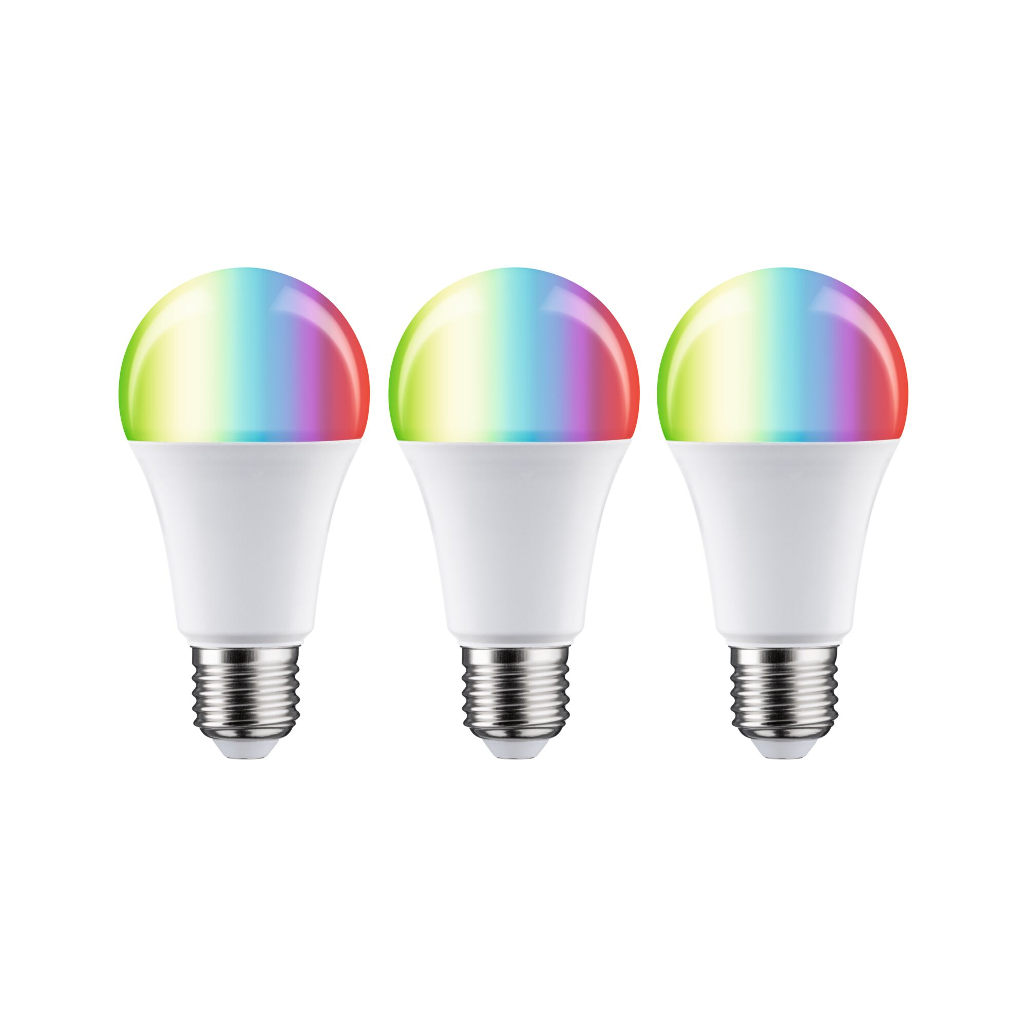 Drei weiße LED-Lampen mit Regenbogenlicht auf weißem Hintergrund.