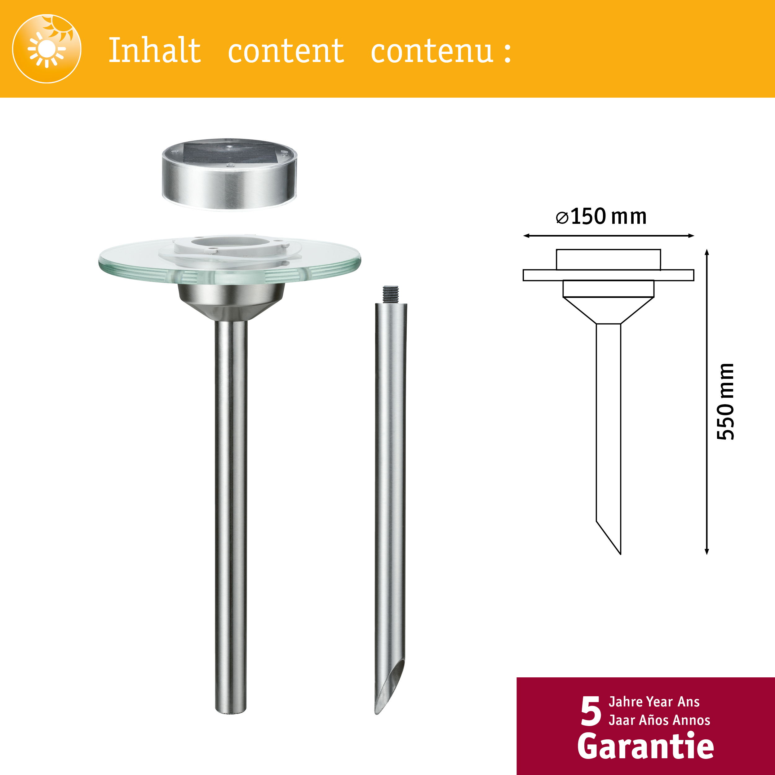 Lanterne de jardin avec piquet en métal, plateau en verre et panneau solaire. Dimensions : 150 mm x 550 mm.