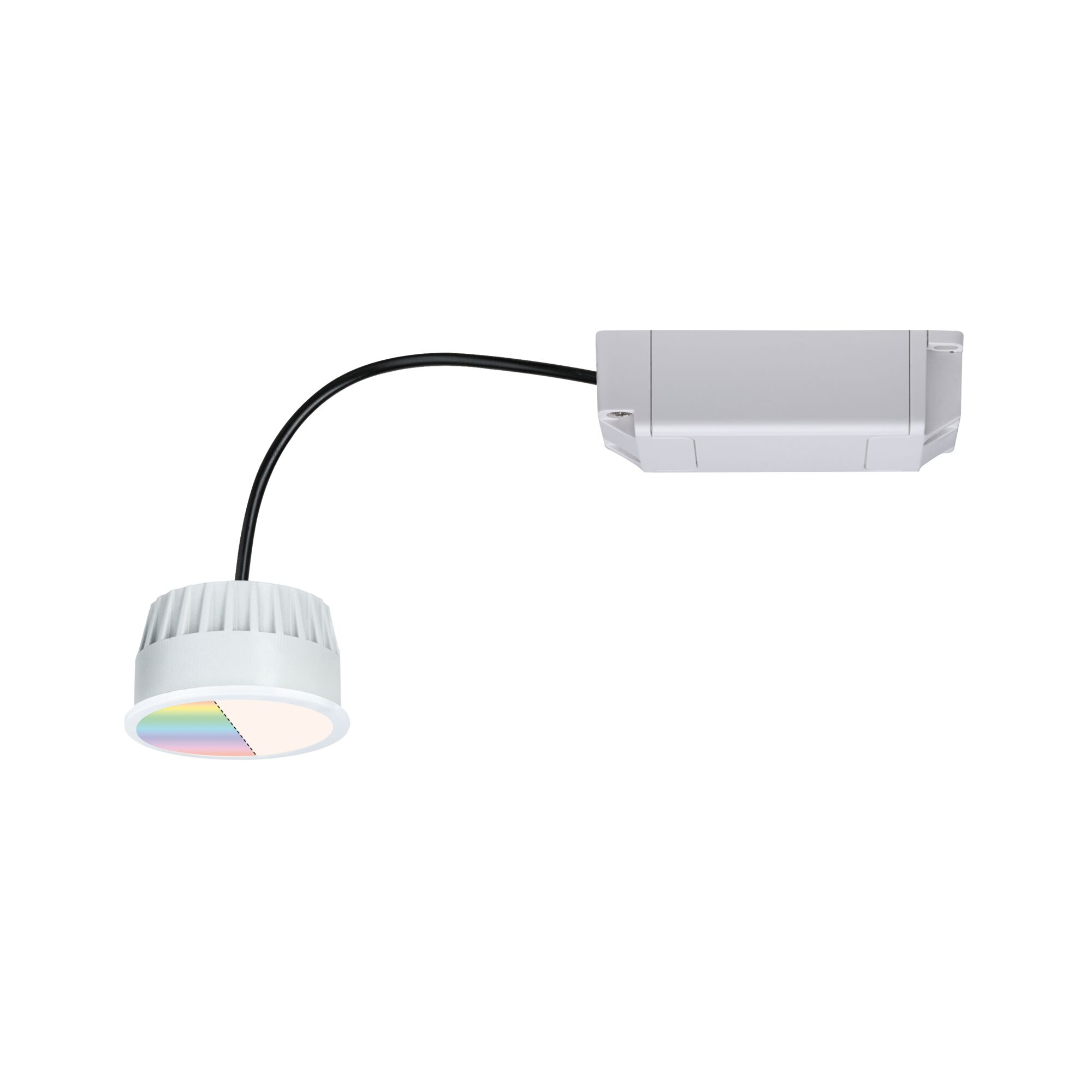 Un faretto LED bianco con luce colorata e alloggiamento bianco separato.