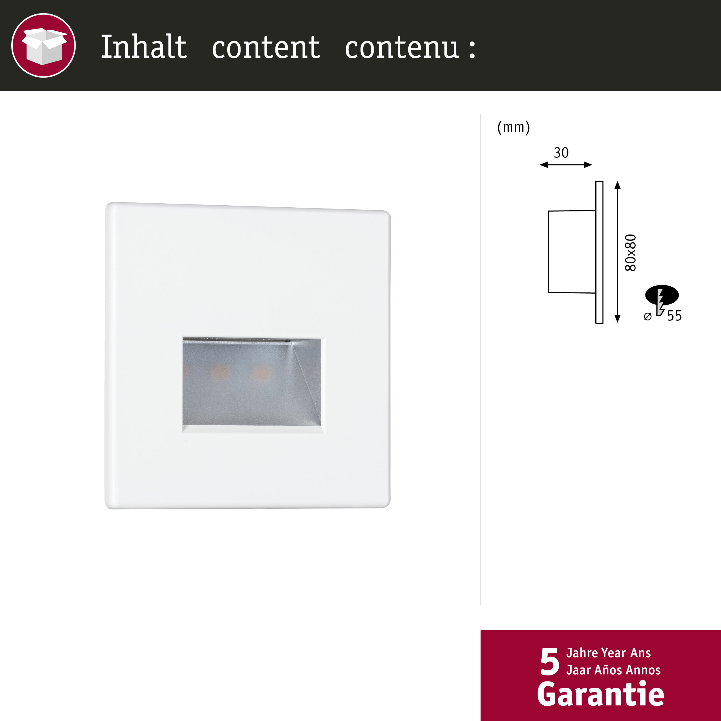 Białe światło ścienne z wymiarami technicznymi i gwarancją.
