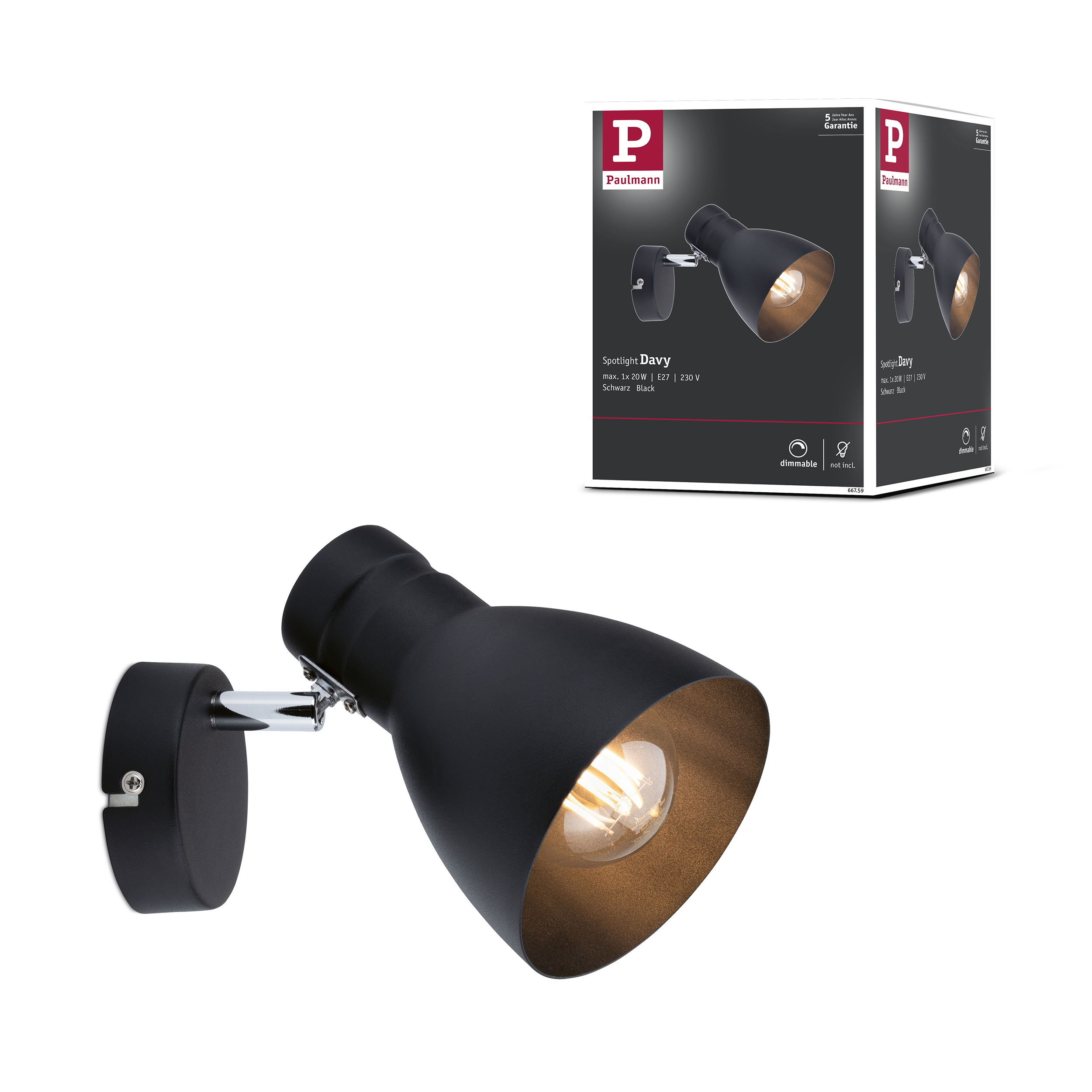 Czarny reflektor Paulmann Davy z gniazdem E27, ściemnialny.