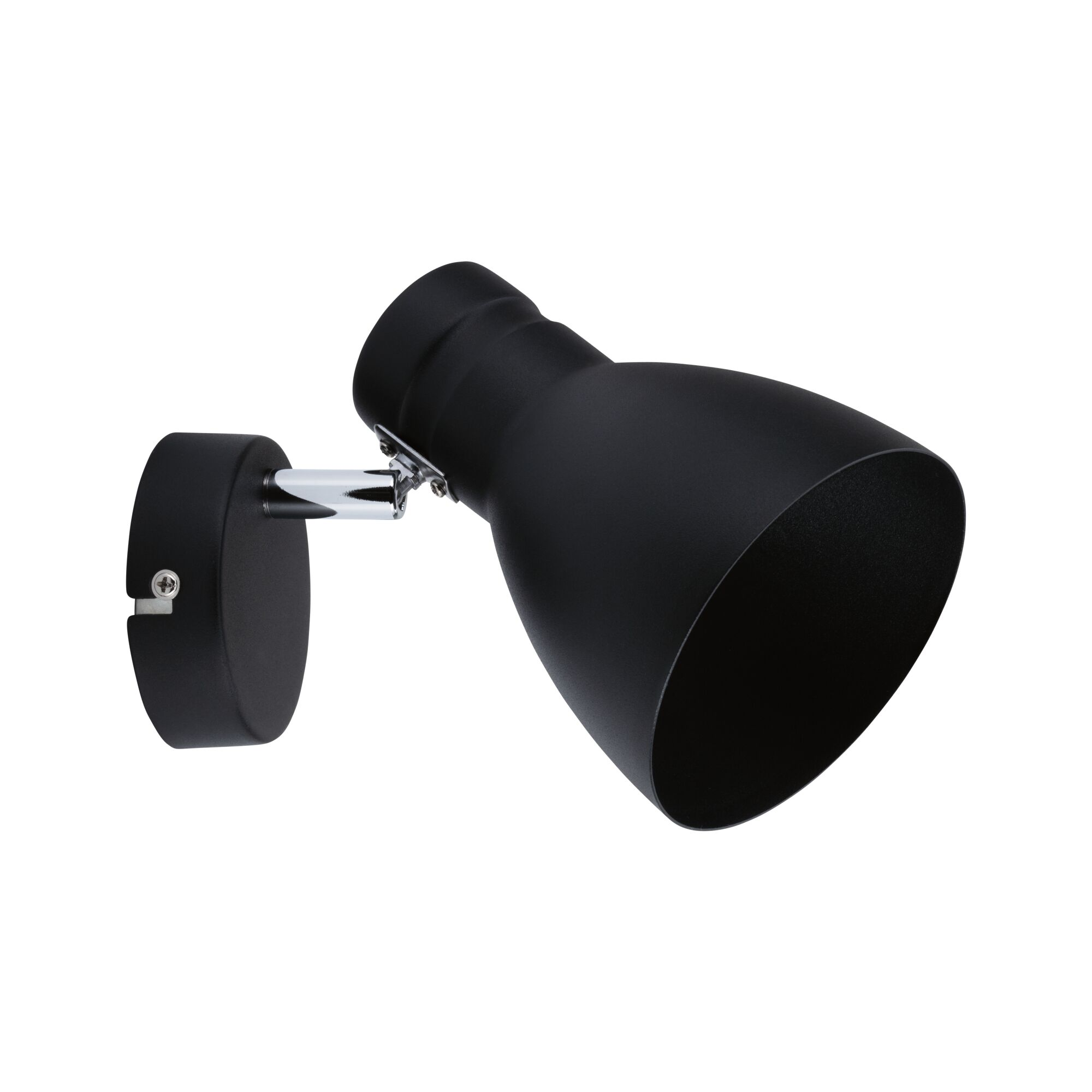 Czarna lampa ścienna z regulowanym ramieniem i kloszem, na białym tle.