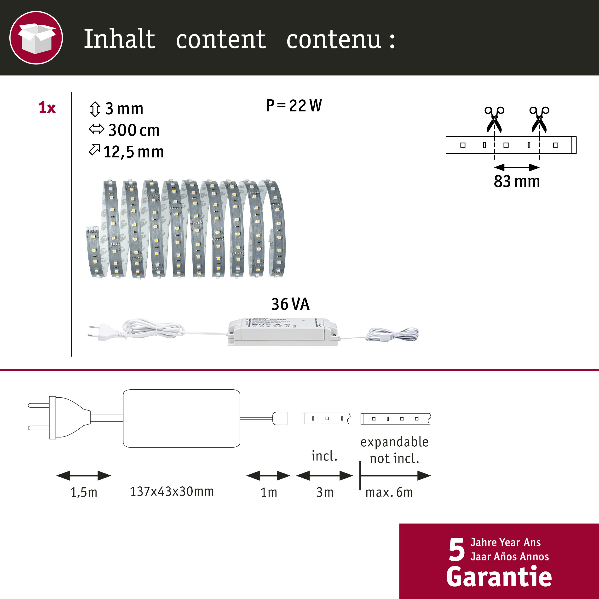 Led-Streifen-Set mit Netzteil, 3mm breit, 300cm lang, 12,5mm hoch, 22W.