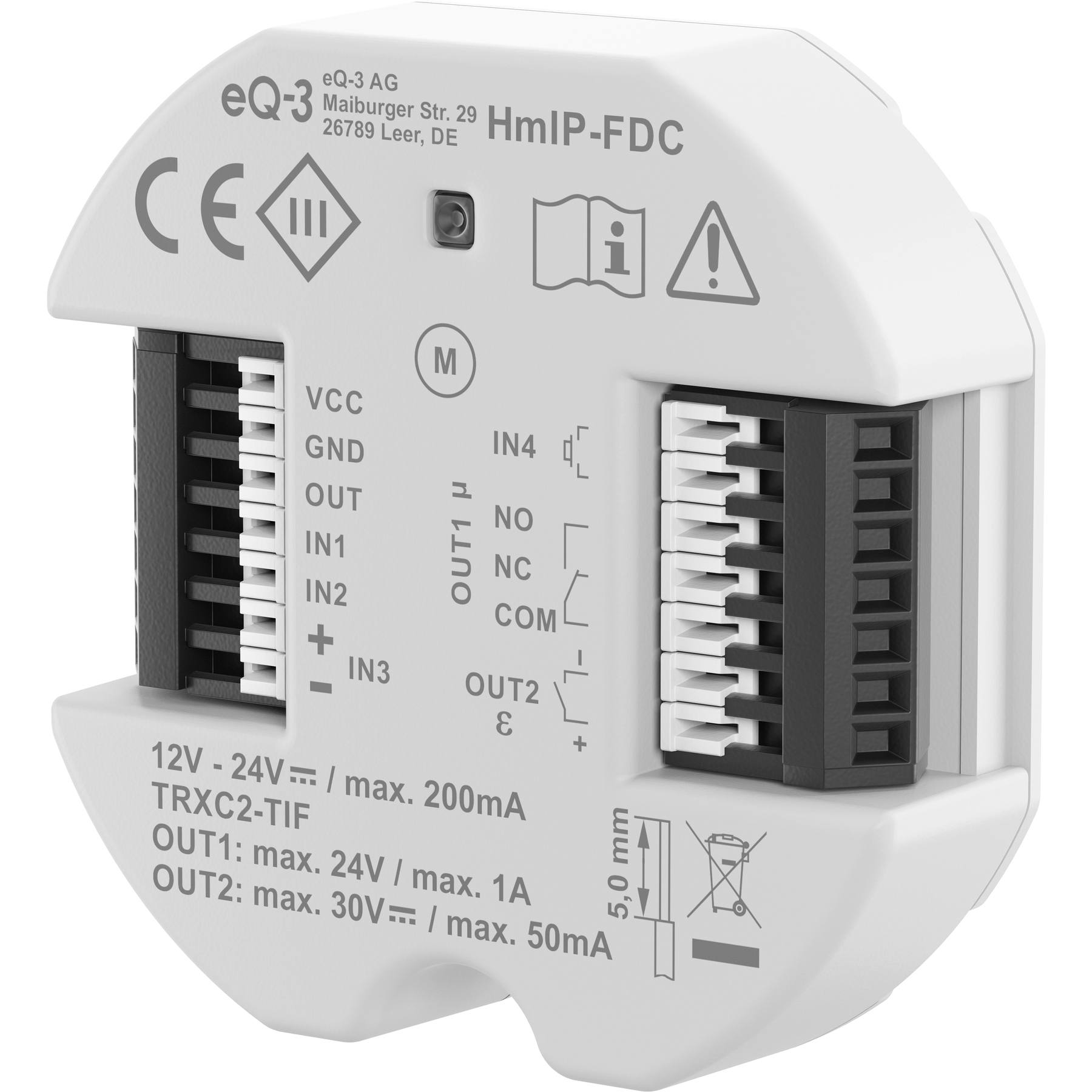 Un modulo bianco eQ-3 HmIP-FDC con connettori ed etichette.