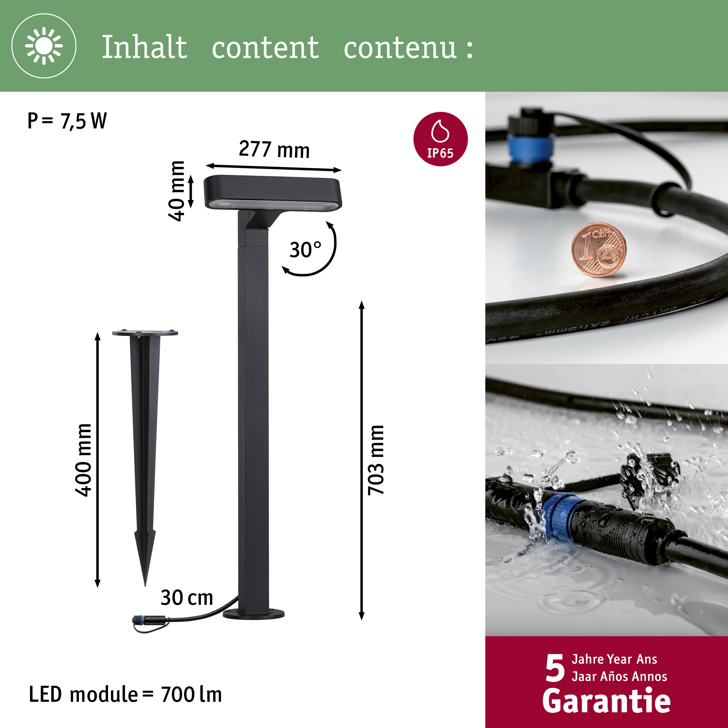 Gartenleuchte mit Erdspieß, 703mm hoch, 277mm breit, 40mm tief. IP65.