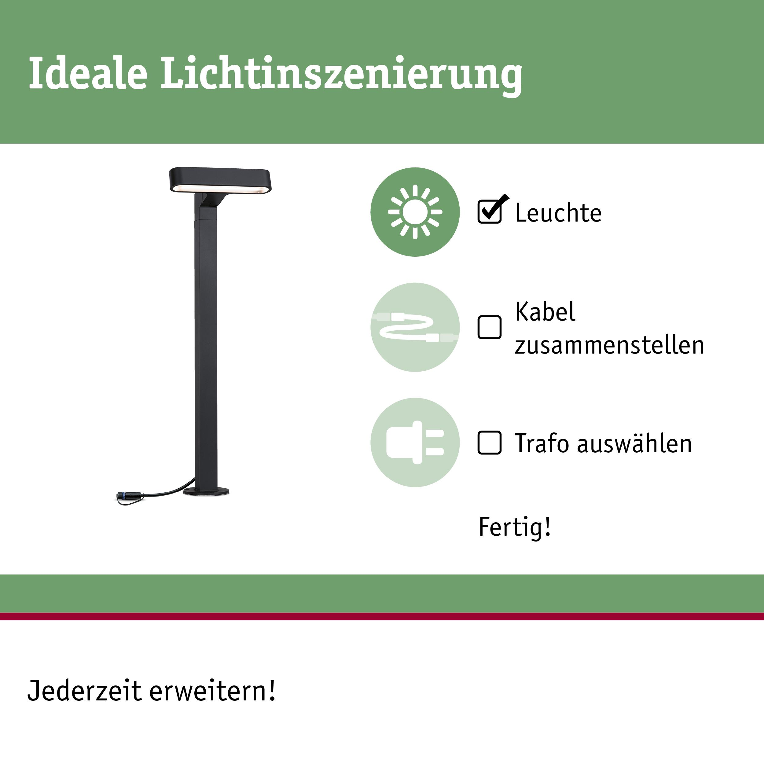 Schwarze Stehleuchte mit Kabel, Symbolen für Leuchte, Kabel, Trafo.