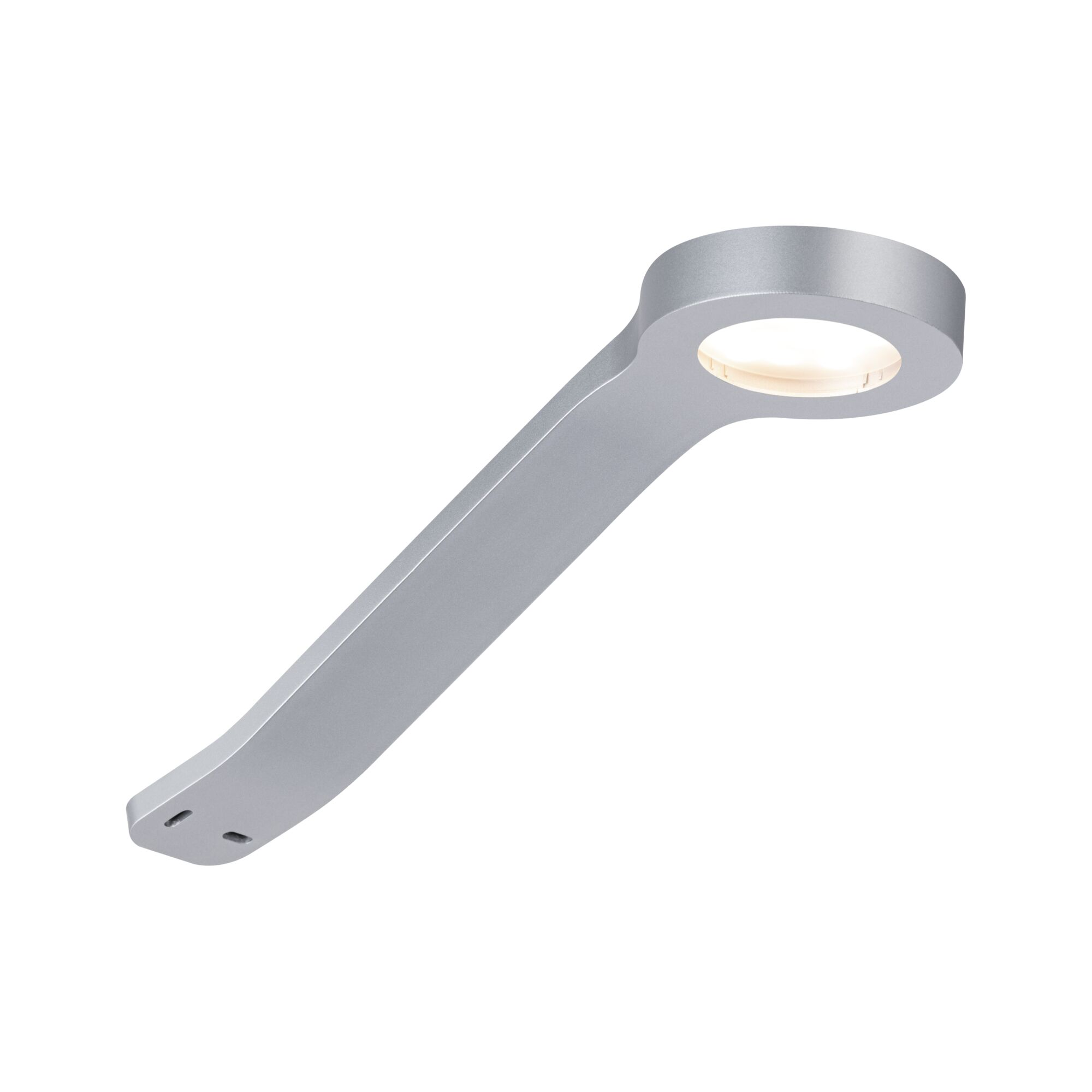 Silberne Lampe mit rundem Licht, gebogener Arm und zwei Befestigungslöchern.