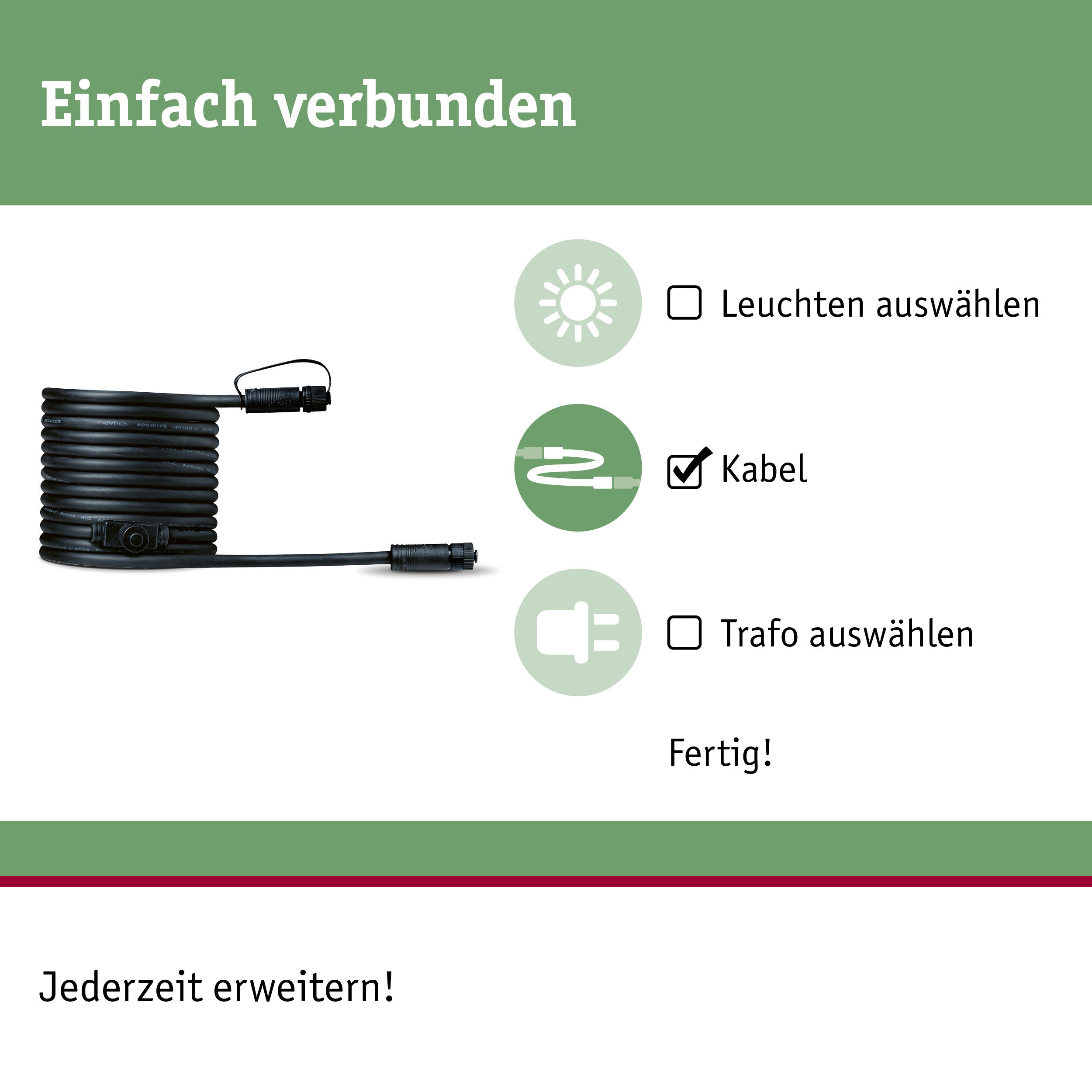 Schwarzes Kabel mit Stecker, daneben Auswahloptionen: Leuchten, Kabel, Trafo.