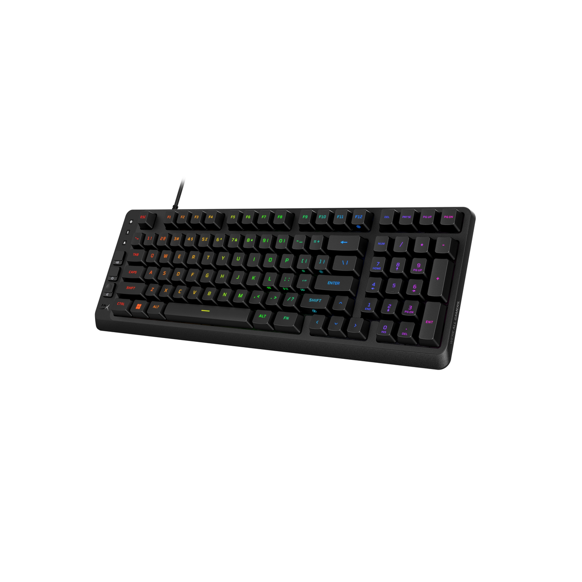 Teclado negro con iluminación de teclas colorida, primer plano.