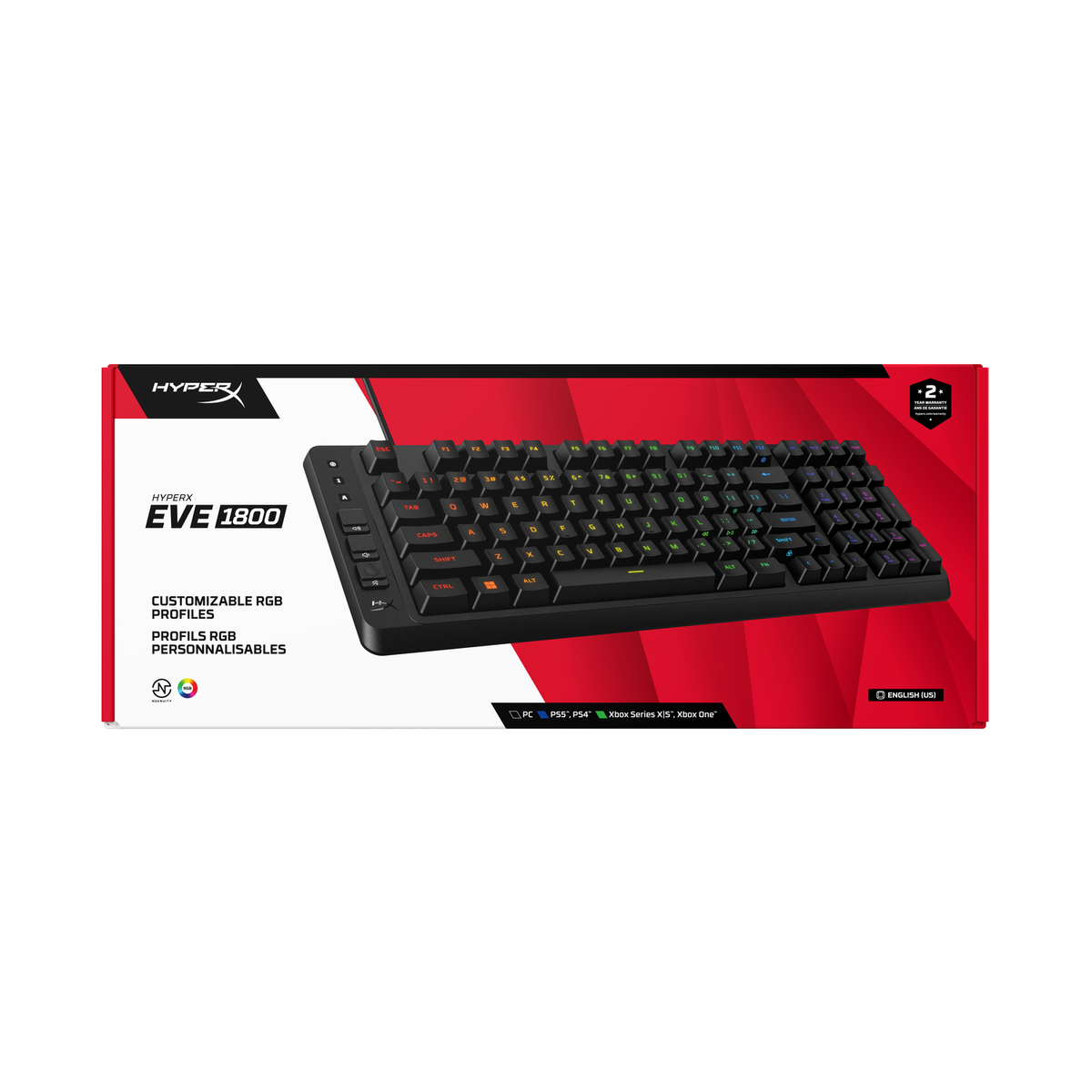 Teclado HyperX EVE 1800 con perfiles RGB personalizables sobre fondo rojo.