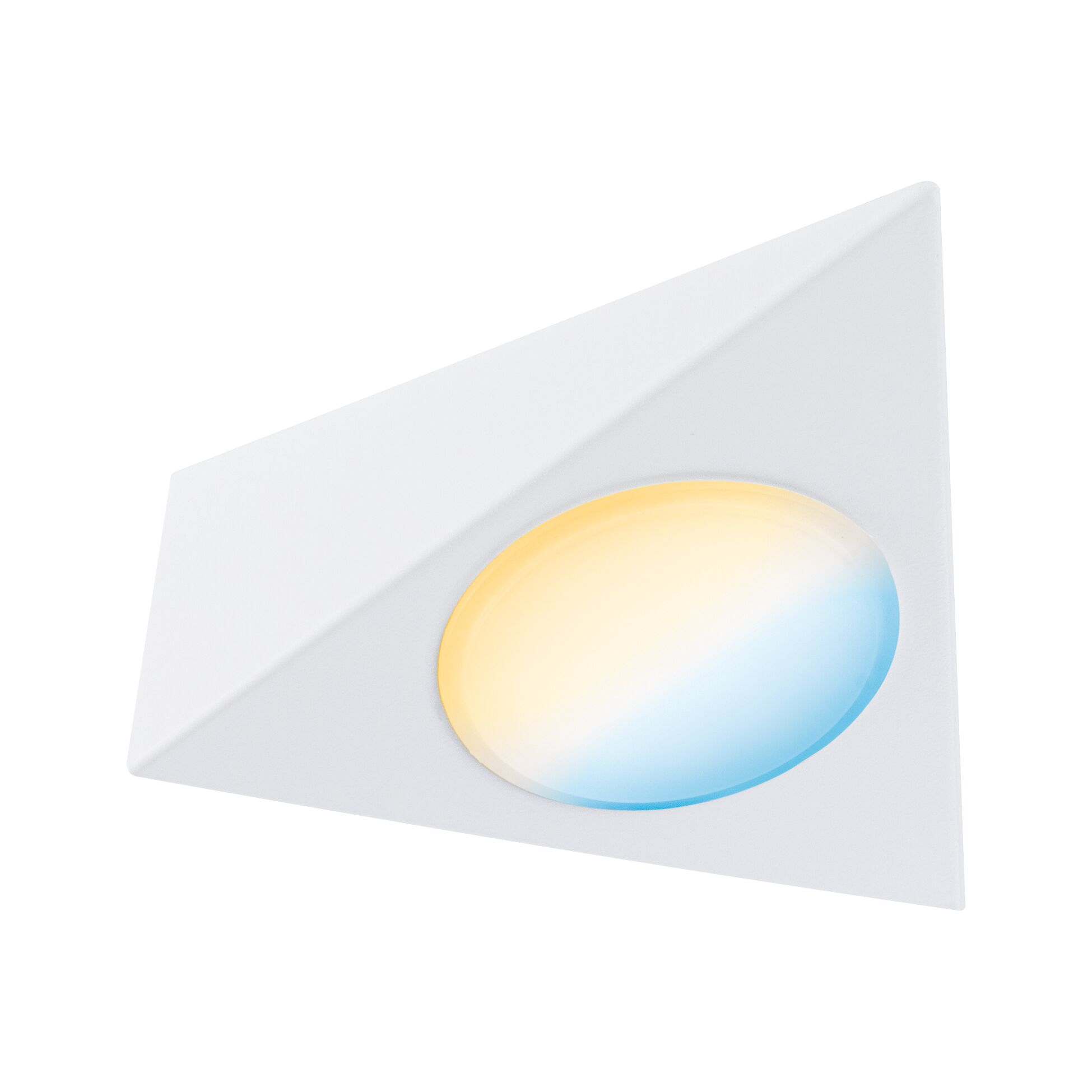 Biały trójkąt z owalnym światłem przechodzącym z żółtego w niebieski.