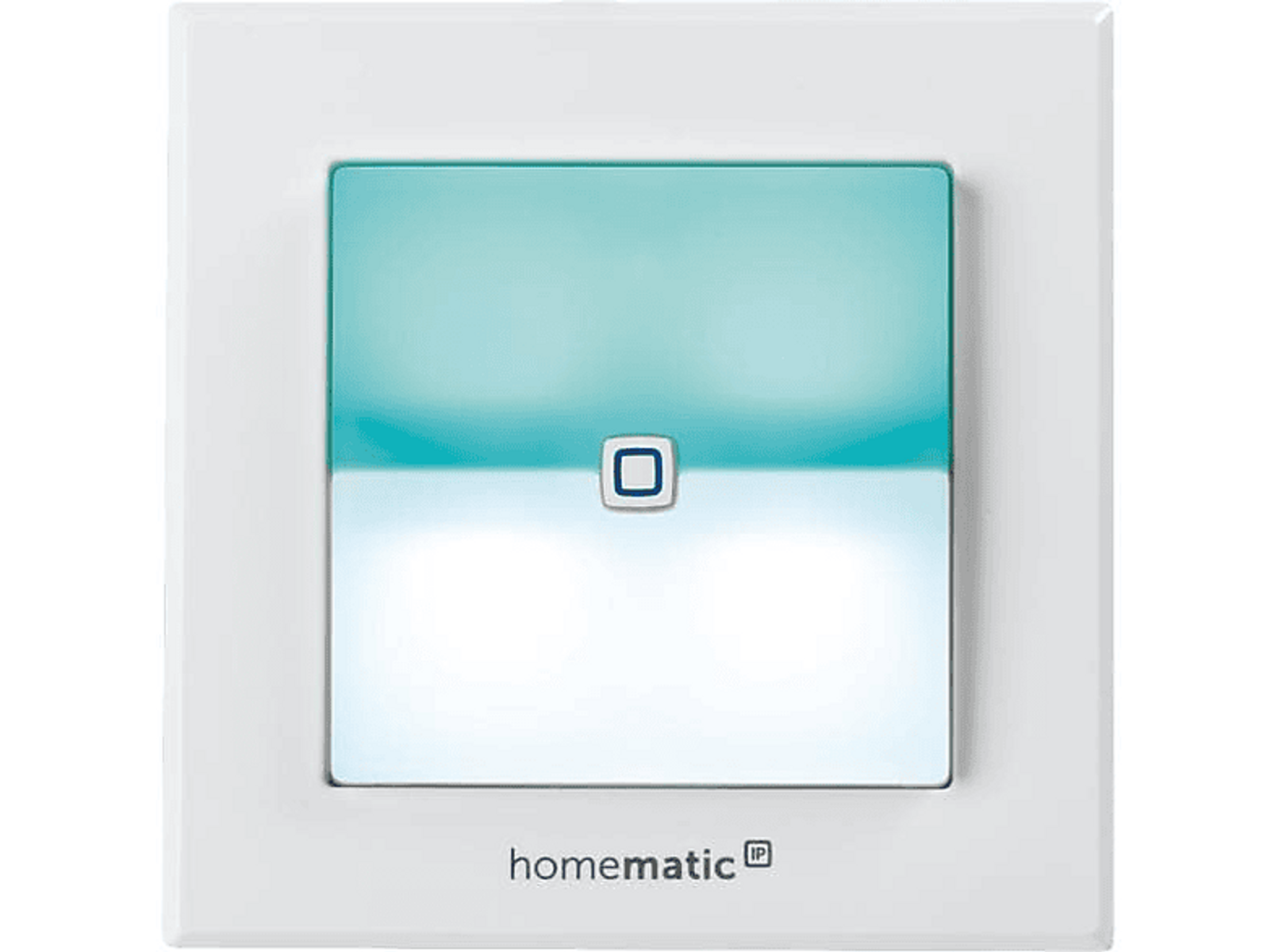 Ein weißer Wandschalter mit einem blauen Licht und einem kleinen quadratischen Knopf.
