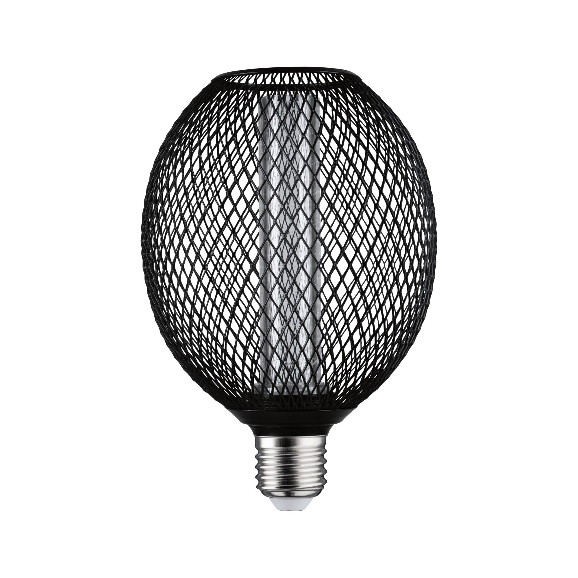 Owalna żarówka z czarnym kloszem z siatki drucianej i srebrną podstawą.