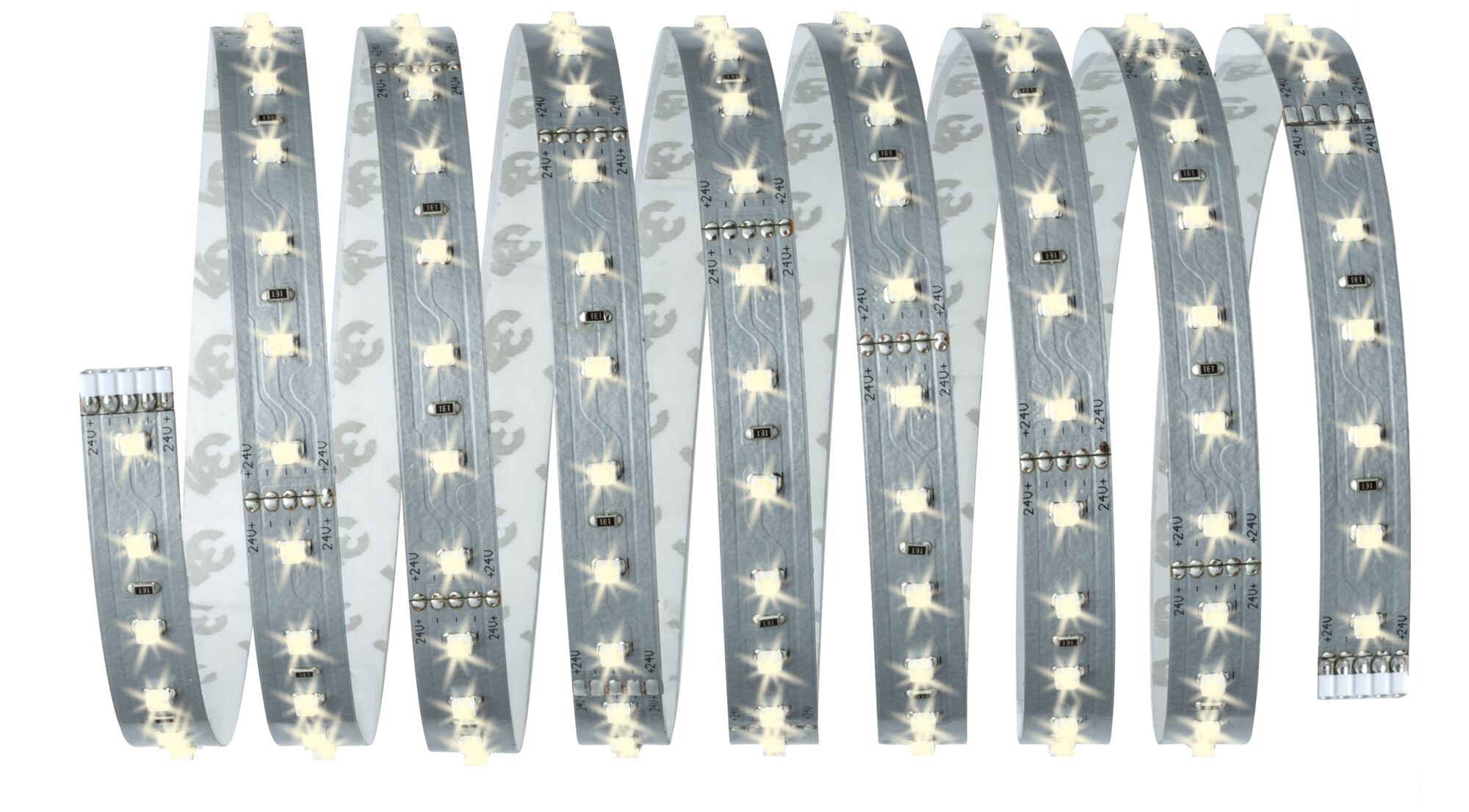 Eine Reihe von weißen LED-Streifen mit sichtbaren Chips, die auf einer Rolle gewickelt sind.