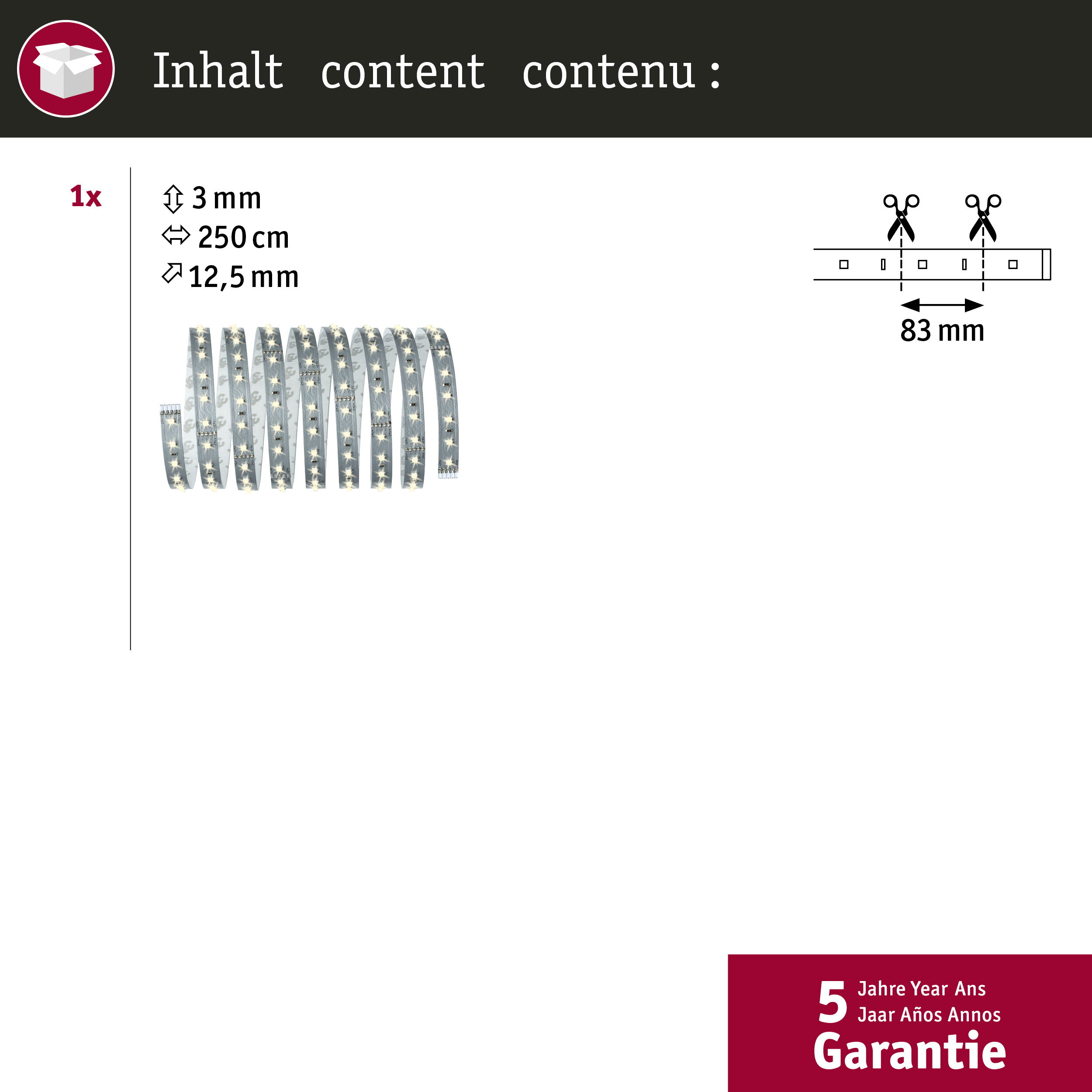 1x LED-Streifen, 3mm x 250cm x 12,5mm, mit Schnittmarkierung