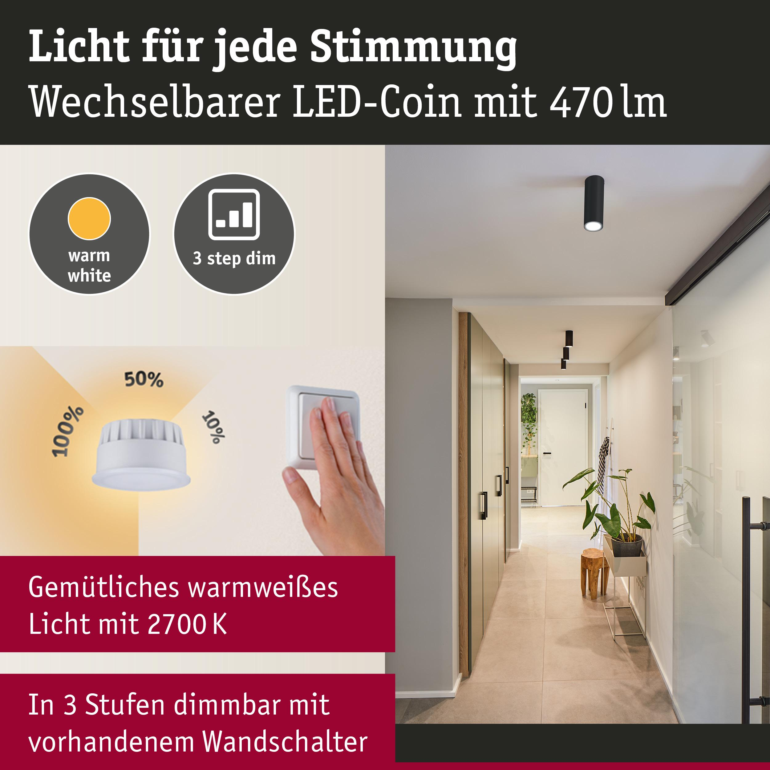 Moderne Flurbeleuchtung mit dimmbaren LED-Spots und warmweißem Licht.