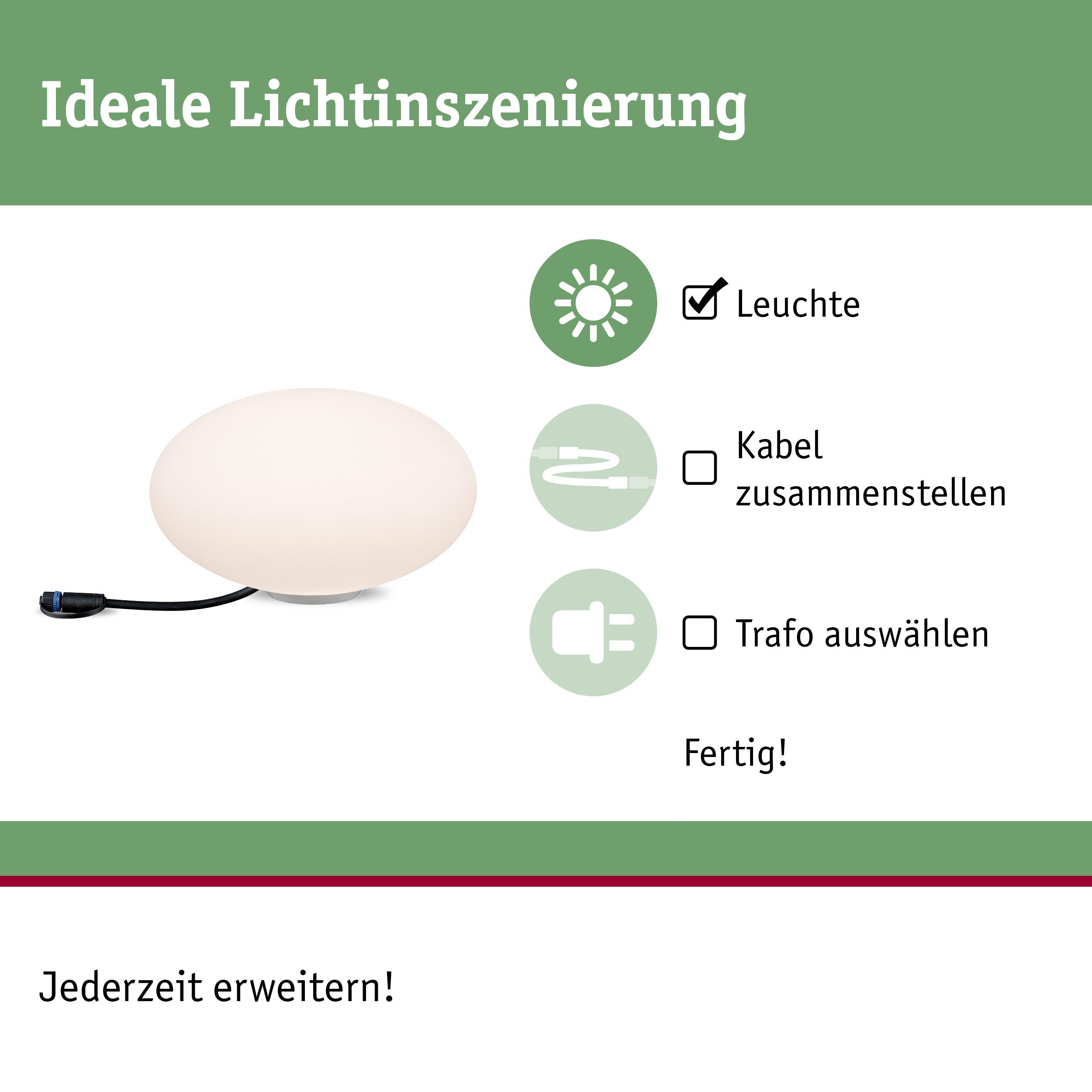 Biała lampa z kablem i wtyczką, obok ikony światła, kabla i transformatora.