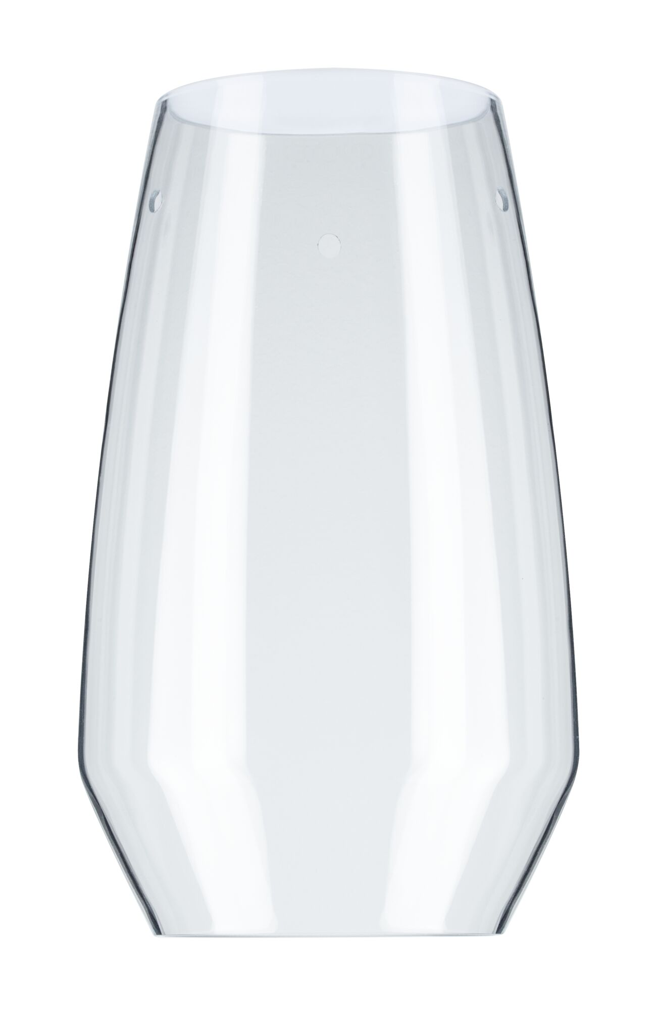 Ein transparenter, bauchiger Behälter mit glatten Wänden und zwei kleinen Löchern.